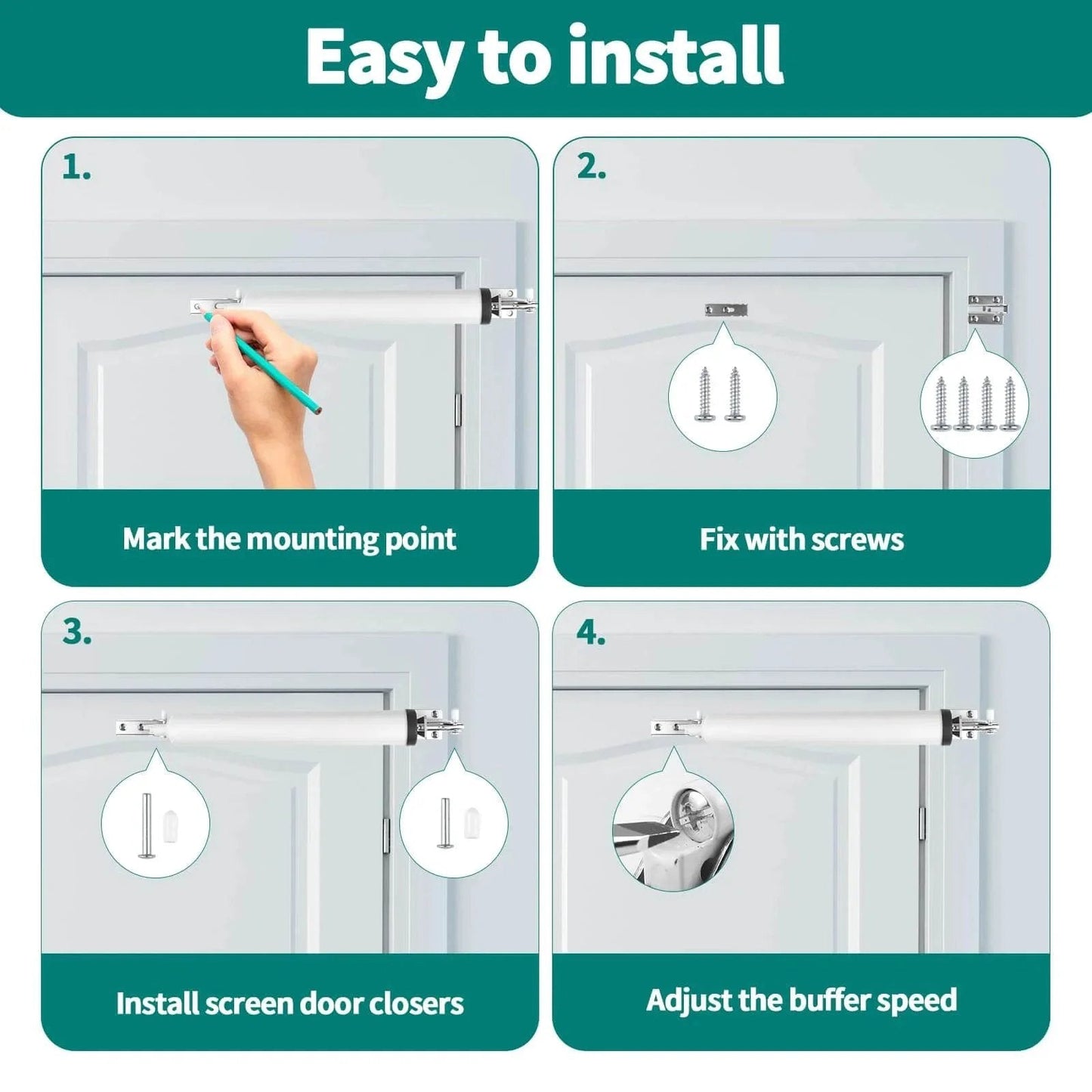 Instruction diagram showing installation steps for Screen and Storm Door Closer Kit, Heavy Duty Pneumatic Screen and Storm Door Closer, Screen and Storm Door Push Button Latch Set Replacement Kit, Adjust Smooth Closing Speed (White).