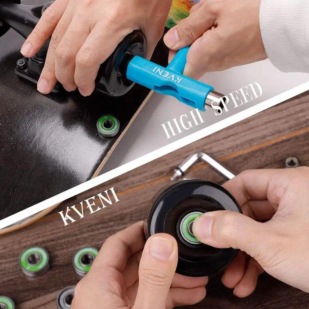 Installing Pro Longboard Bearings High Speed 608RS Ball Skate Bearing ABEC in skateboard wheel, showing green seals and tools.