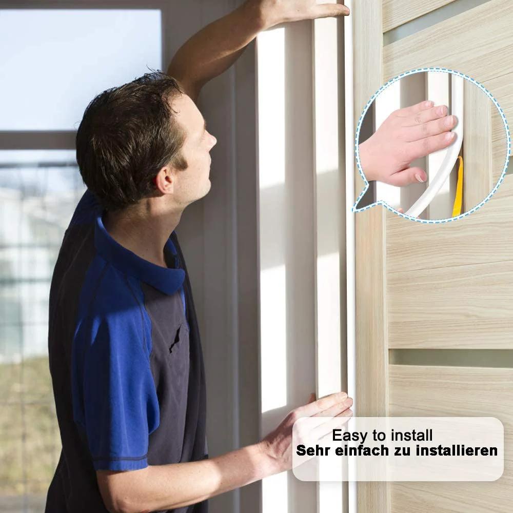 Man installing Premium D Type Foam Weather Stripping Tape For Doors And Windows Self Adhesive Sealing Strip 32.8 Ft Long White.