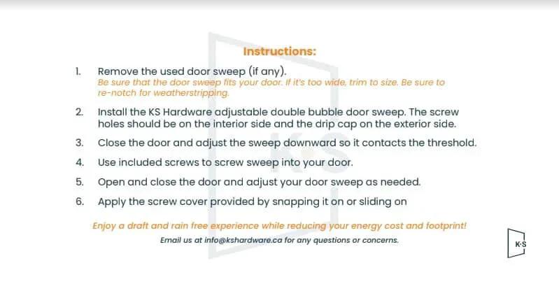 Installation instructions for Adjustable Double Bubble Door Sweep, Draft Stopper, Under Door Seal for Exterior Doors, 1 3/4" x 36", White (36 inch).