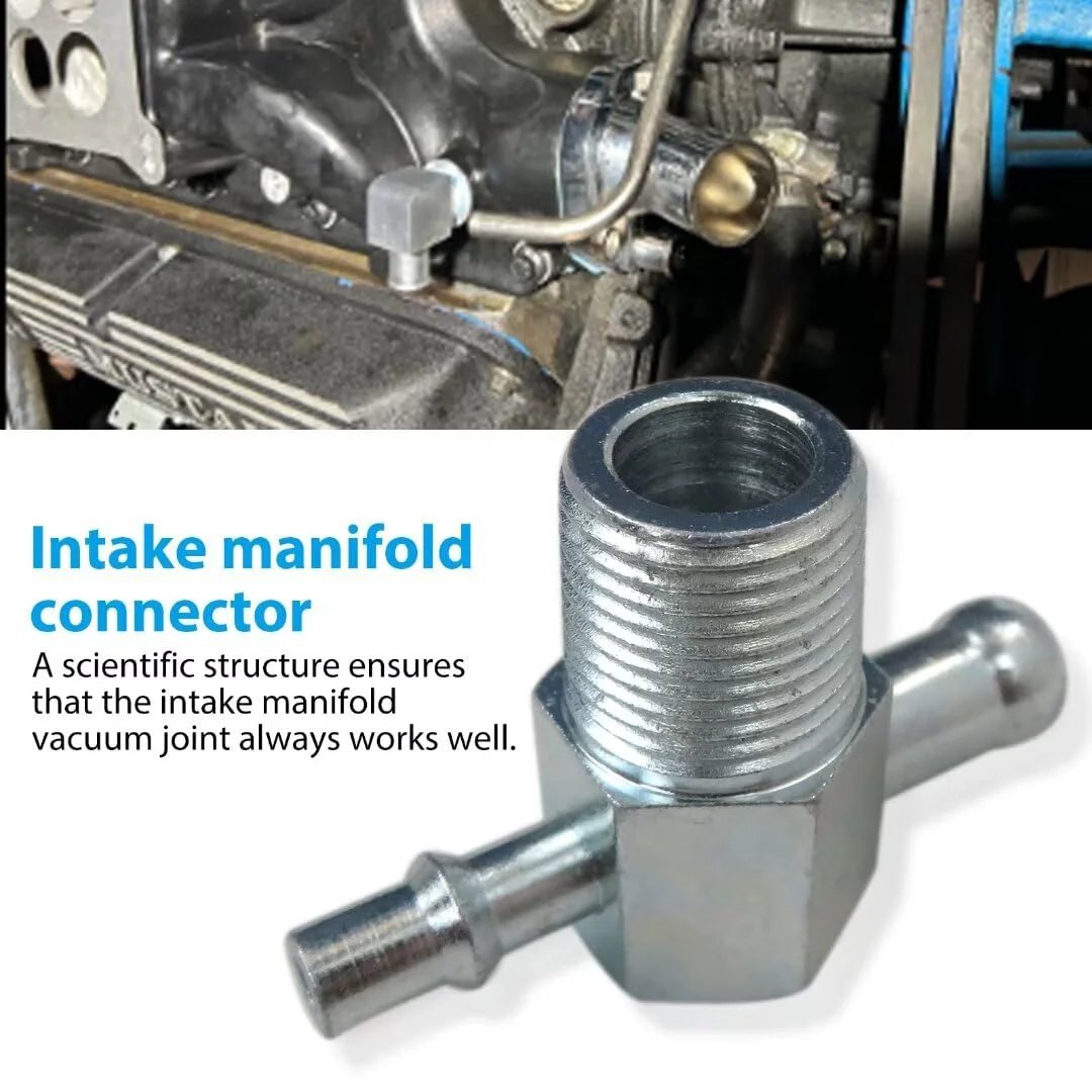 Universal Intake Manifold Vacuum Tee Fitting Three Eighths NPT Thread With Three Eighths And One Quarter Inlet Nipples Steel Zinc Plated Upgraded 2025 Model Fits SBC BBC Chevy Ford GMC Olds Pontiac Buick Cadillac And More - close-up view of fitting.