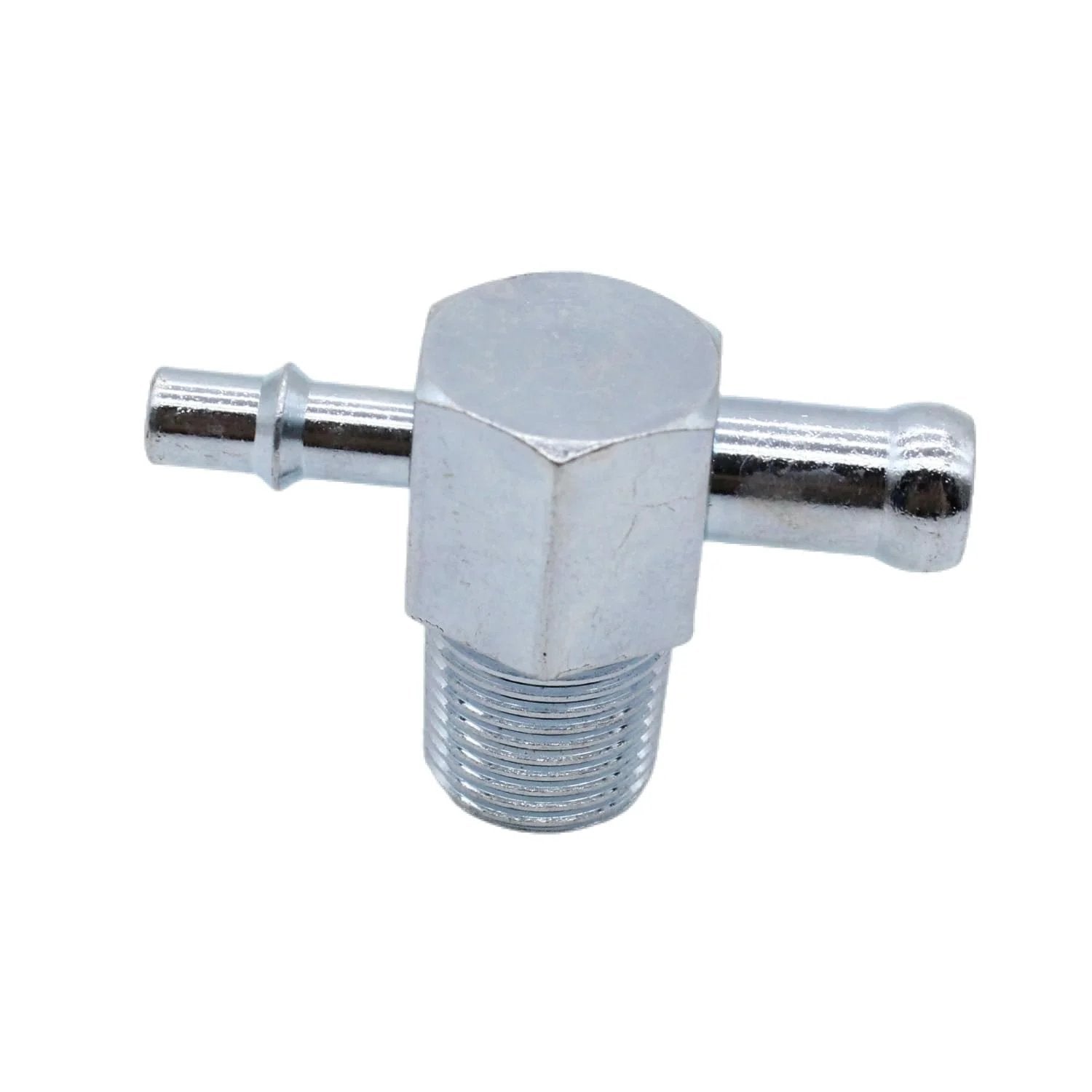 Intake Manifold Vacuum Tee Fitting Three Eighths Inch NPT Thread With One Quarter Inch And Three Eighths Inch Nipples Steel Zinc close-up.