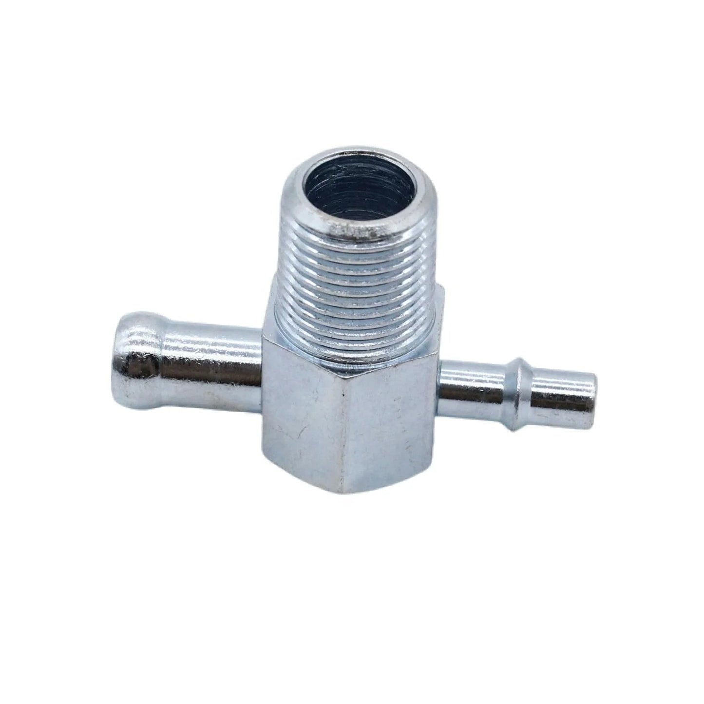 Intake Manifold Vacuum Tee Fitting Three Eighths Inch NPT Thread With One Quarter Inch And Three Eighths Inch Nipples Steel Zinc silver close-up view.