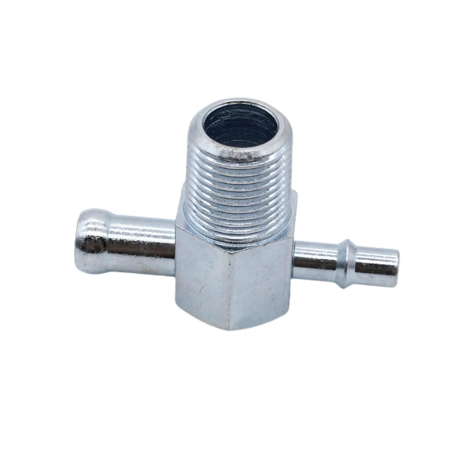 Intake Manifold Vacuum Tee Fitting Three Eighths Inch NPT Thread With One Quarter Inch And Three Eighths Inch Nipples Steel Zinc silver close-up view.