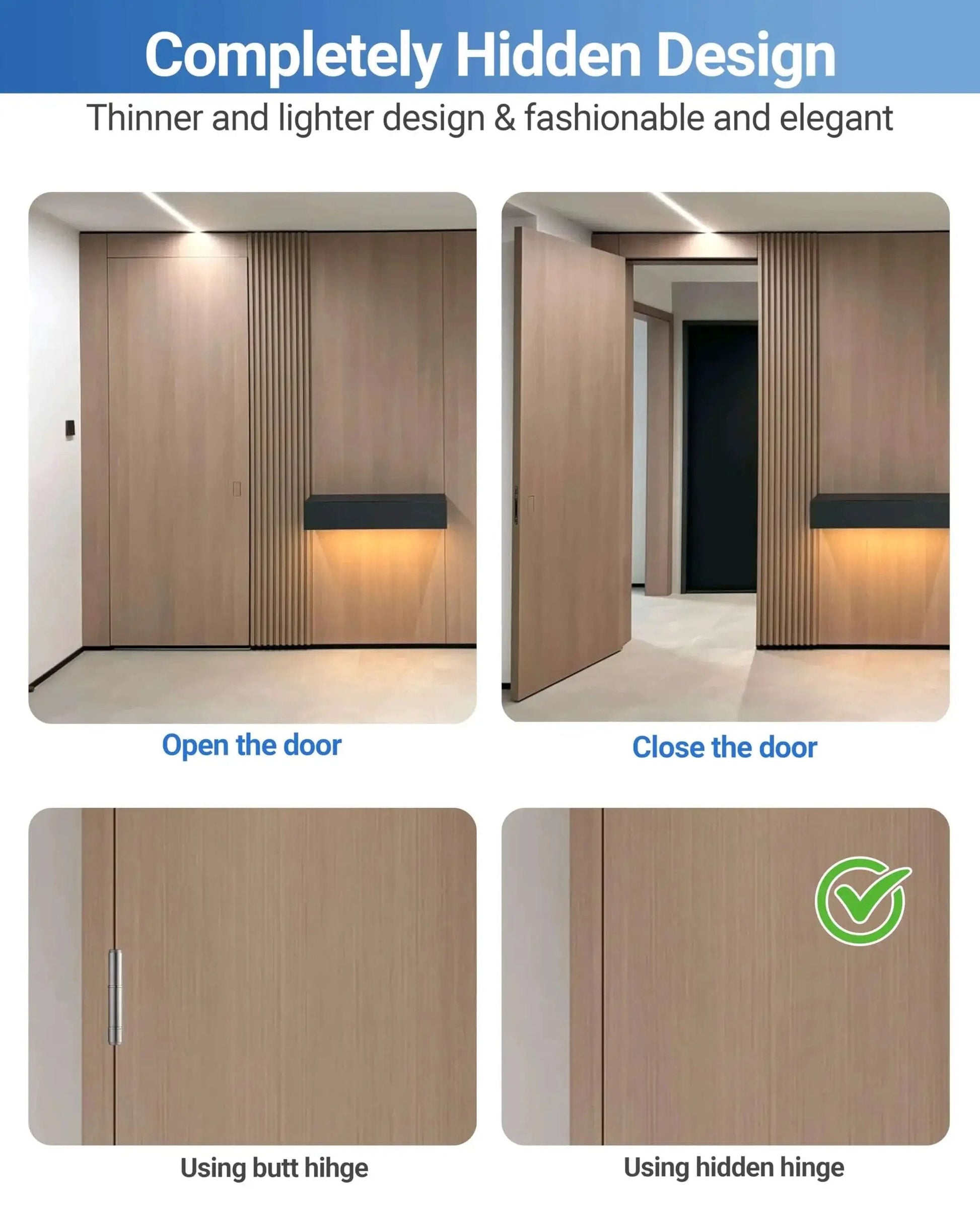 Invisible Door Hinges Set 4 Pack 6 Inch Silver Concealed Hinges for doors, showing open and closed door views, seamless design.