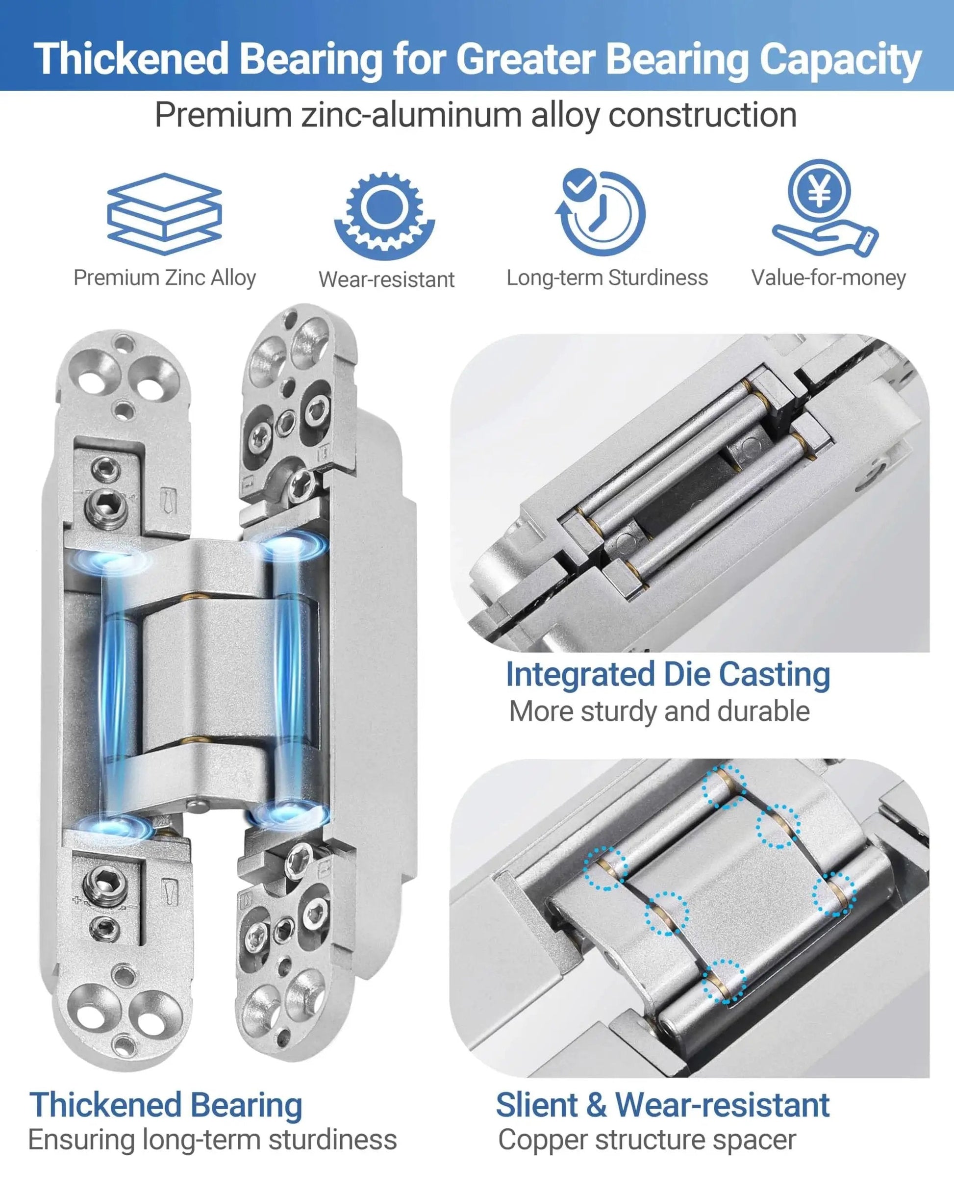 Invisible Door Hinges Set 4 Pack 6 Inch Silver Concealed Hinges showcasing zinc alloy, thickened bearing, and copper support.