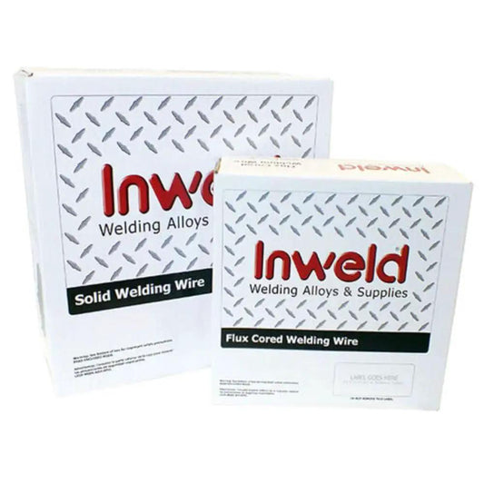 Inweld Solid and Flux Cored Welding Wire boxes, suitable for various welding applications.