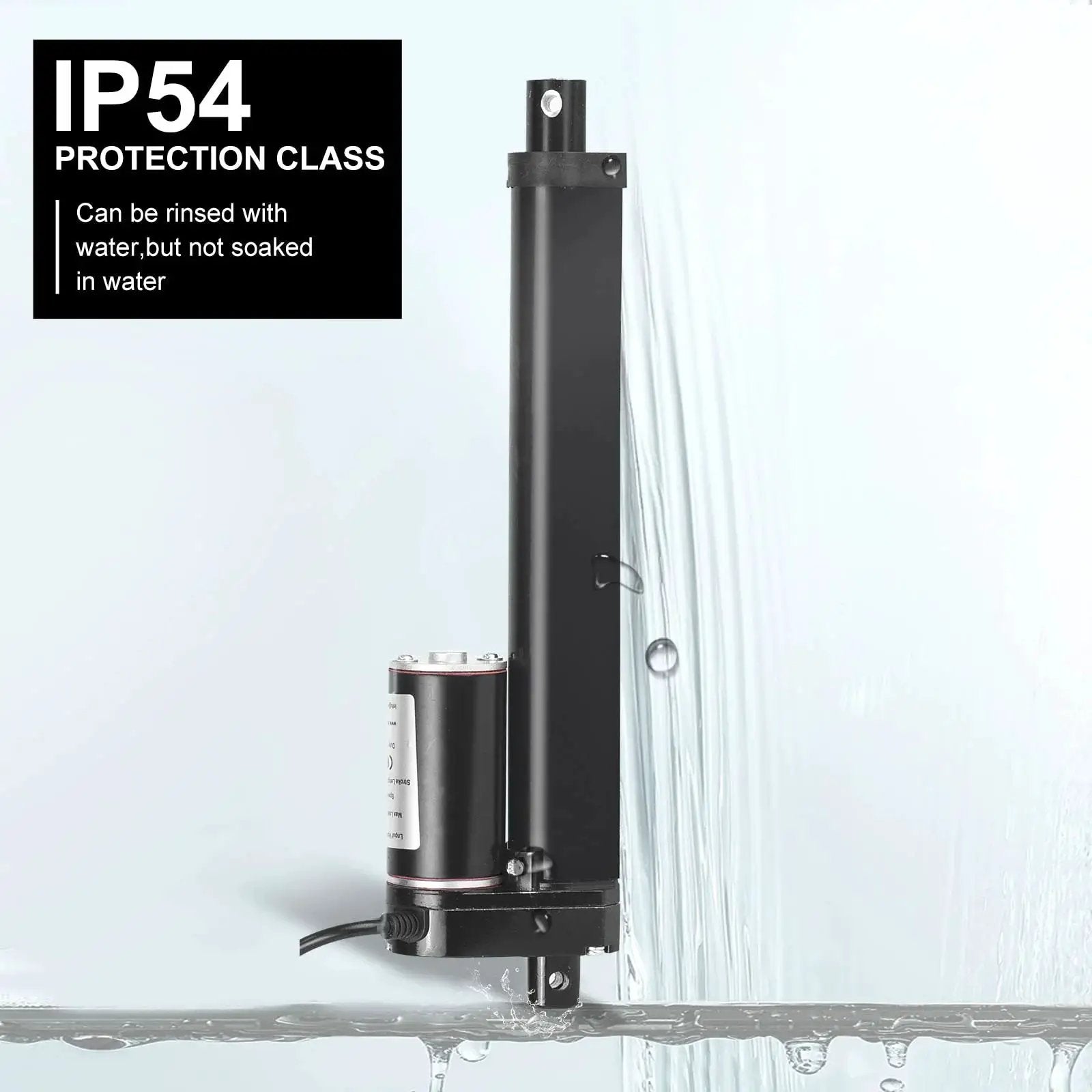 Beefy 1000N DC Linear Actuator With 4 Inch Stroke, 14 mm/s Speed, Black Aluminum Housing IP54 Outdoor Ready, shown in water.