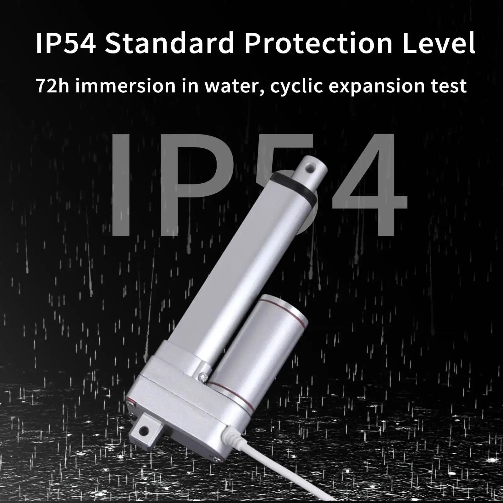 Heavy Duty 1000N 4 Inch Stroke Electric Linear Actuator 12V With Mounting Bracket in rain showing IP54 protection