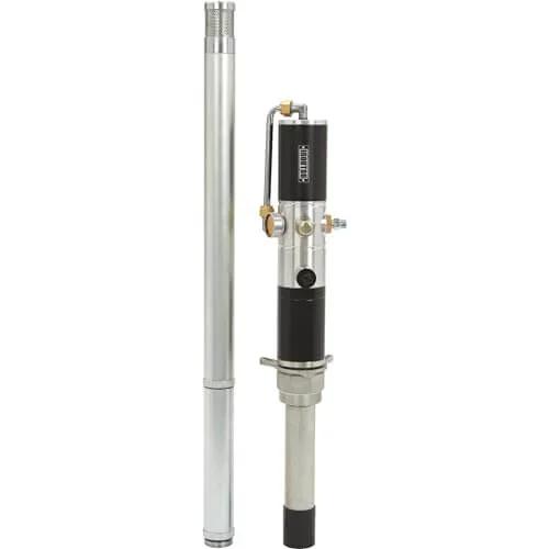 Ironton Air-Operated Oil Transfer Pump - 1:1 Ratio, 10.58 GPM, silver and black design, 150 PSI capacity, side view.