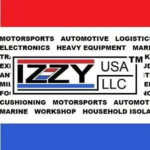 Logo of Izzy USA LLC with words related to automotive, marine, and heavy equipment cushioning and isolation, against a red, white, and blue background.