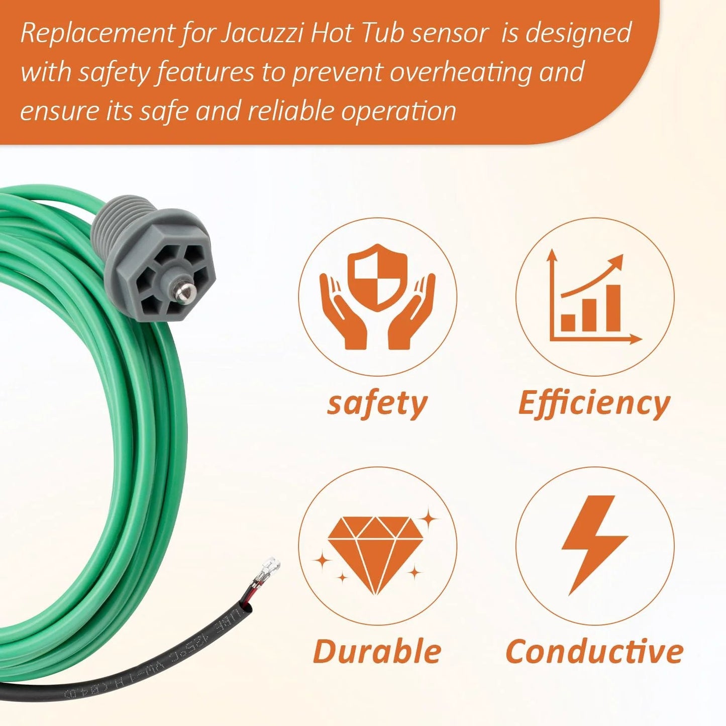 6600-166 Temperature Sensor For Sundance Spas And Jacuzzi Hot Tubs J300 To J365 And More Series, close-up of curled finger connector and green wire.