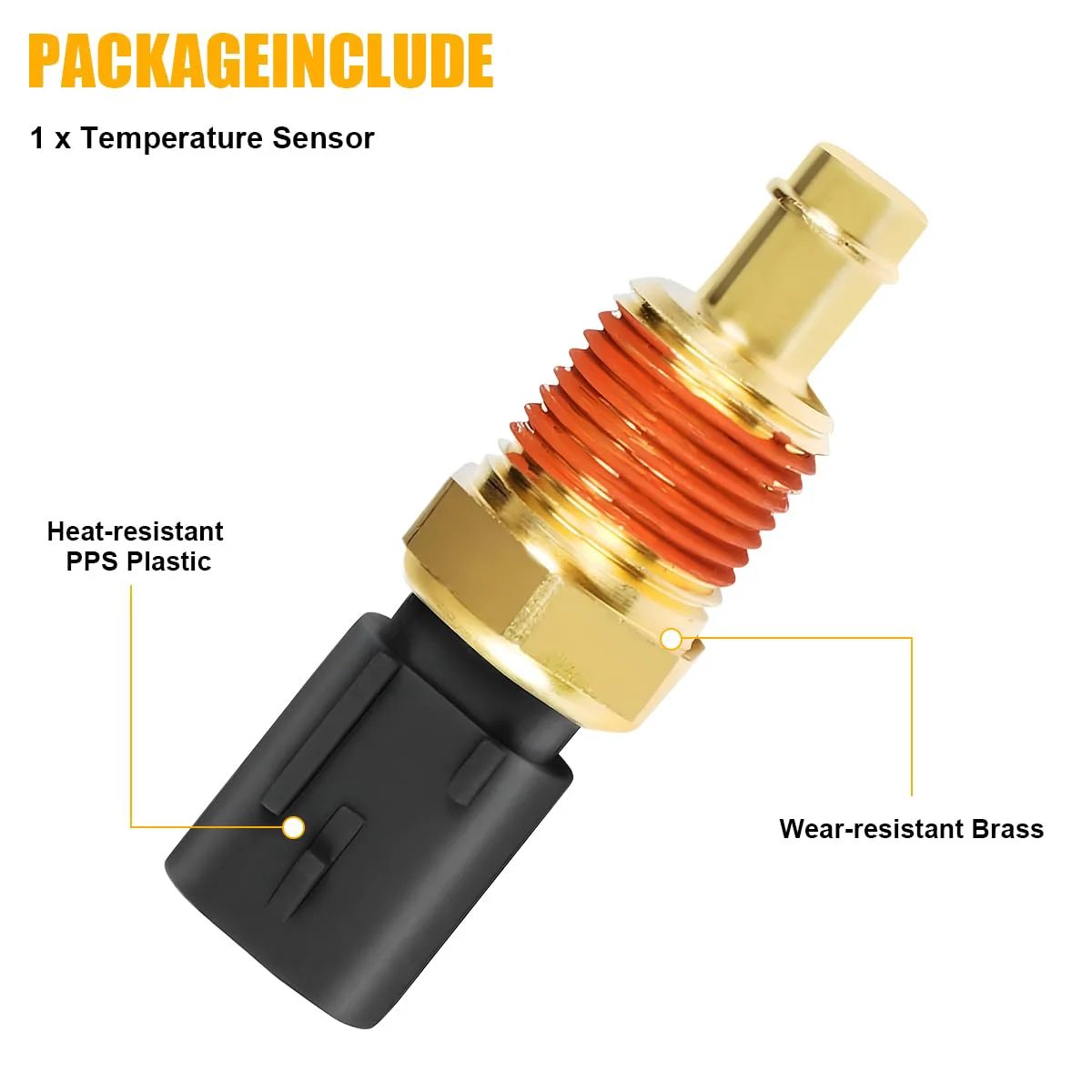 Engine Coolant Temperature Sensor Replacement For Your Jeep Wrangler Durango And Challenger, brass and plastic construction, side view.