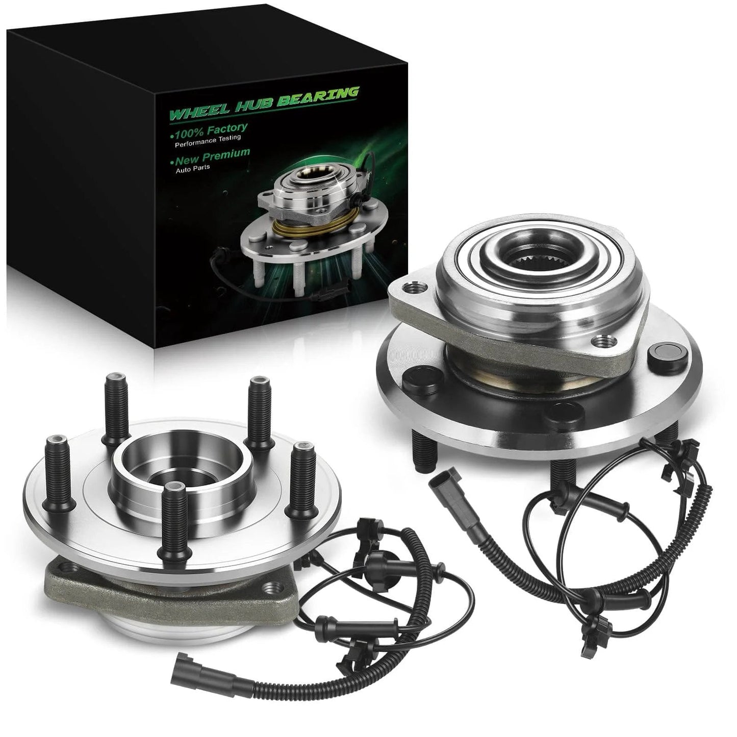 Set of 2 Front Wheel Bearing and Hub Assembly with ABS for Jeep Wrangler 2007 to 2010 3.8L V6 shown with packaging