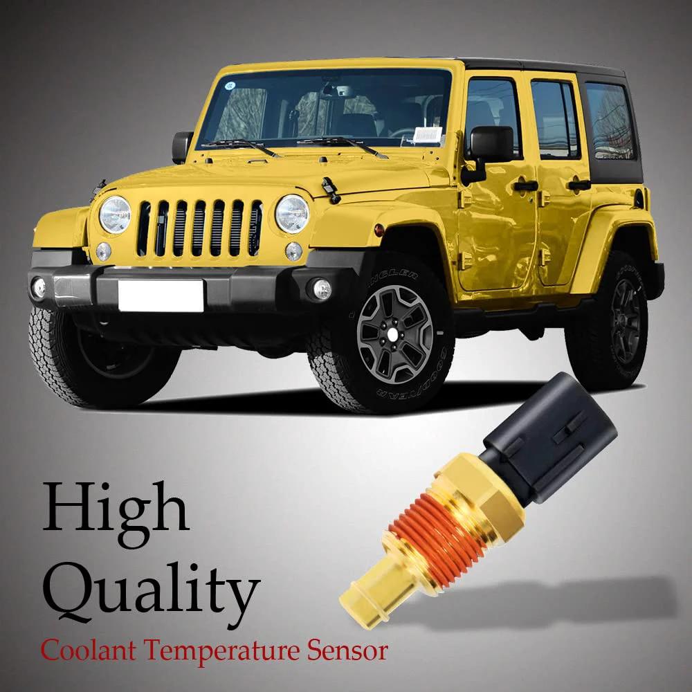 Engine Coolant Temperature Sensor And Water Temperature Sensor For Dodge Charger Durango Ram 1500 2500 3500 Jeep Wrangler Chrysler Town And Country Replacement 5149077AB 05149077AB 68045803AA With OEM Cross Reference By HAOBO, with yellow Jeep Wrangler in background.