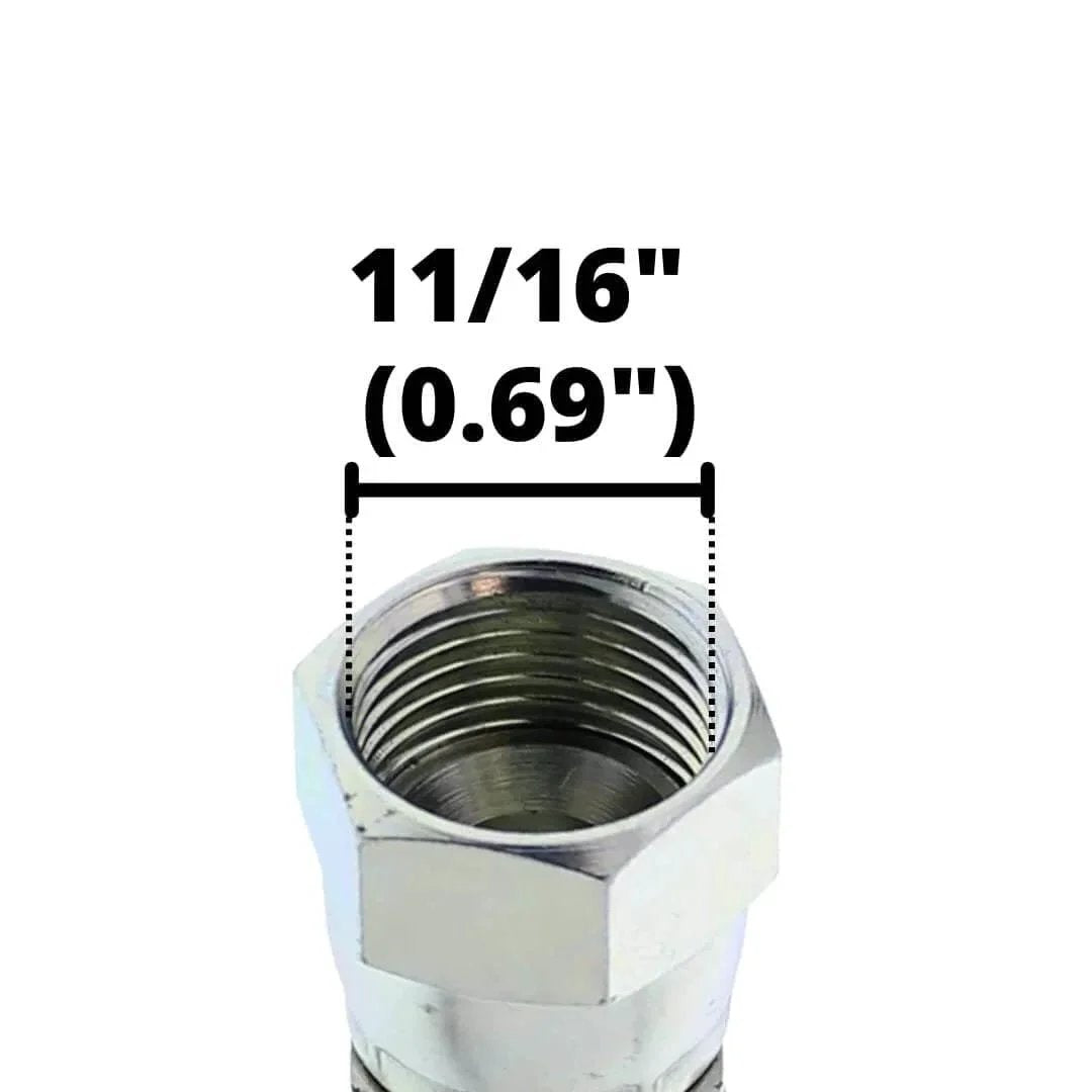 Close-up of crimped JIC fitting on One Half Inch hydraulic Hose Assembly 72 Inch Long With Crimped Female JIC 37 Degree Fittings At Both Ends