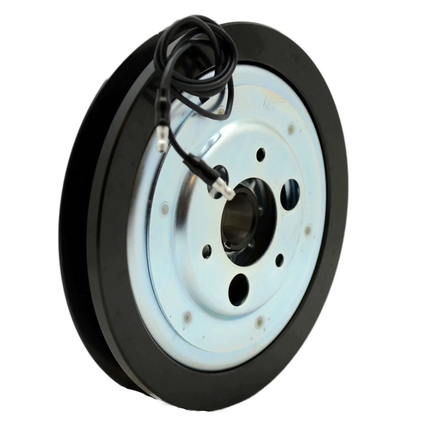 Side view of Johnson Pumps 0.3454.003 12V Electro-Magnetic Clutch, 1xB Pulley showing metal construction and wiring