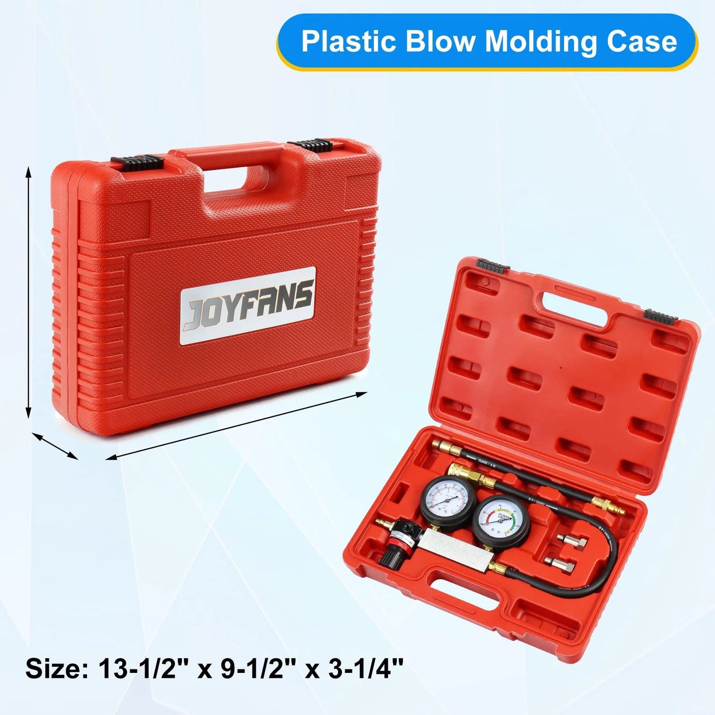 Pro Grade Cylinder Leak Down Tester Kit With Dual Pressure Gauges For Gasoline Engines in red plastic case, size 13.5" x 9.5" x 3.25".