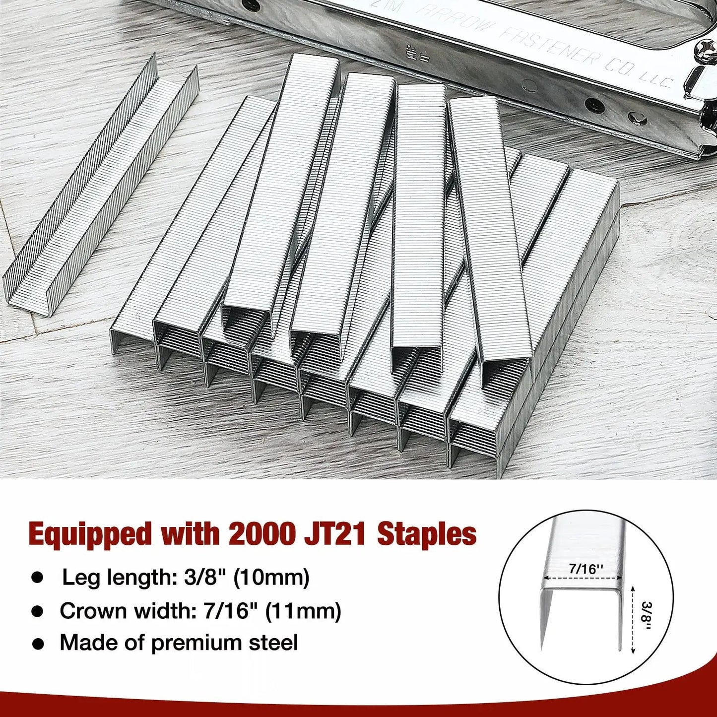 Light Duty Staple Gun Kit With 2000 Three Eighths Inch JT21 Staples Rubber Grip And Chrome Steel Housing For Lightweight Rust Resistant Performance In DIY Upholstery Crafting And Home Improvement showing JT21 staples and dimensions