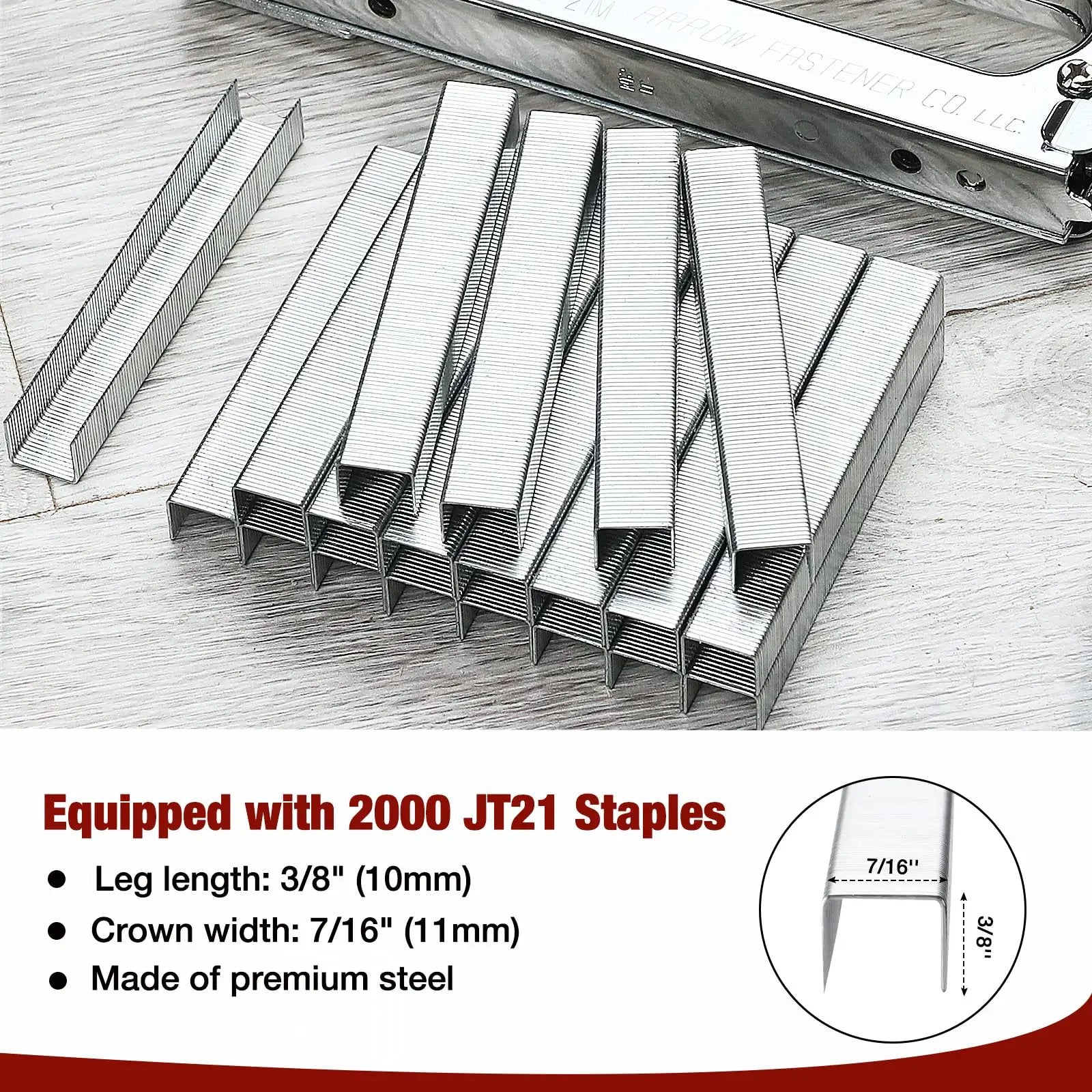 Light Duty Staple Gun Kit With 2000 Three Eighths Inch JT21 Staples Rubber Grip And Chrome Steel Housing For Lightweight Rust Resistant Performance In DIY Upholstery Crafting And Home Improvement showing JT21 staples and dimensions