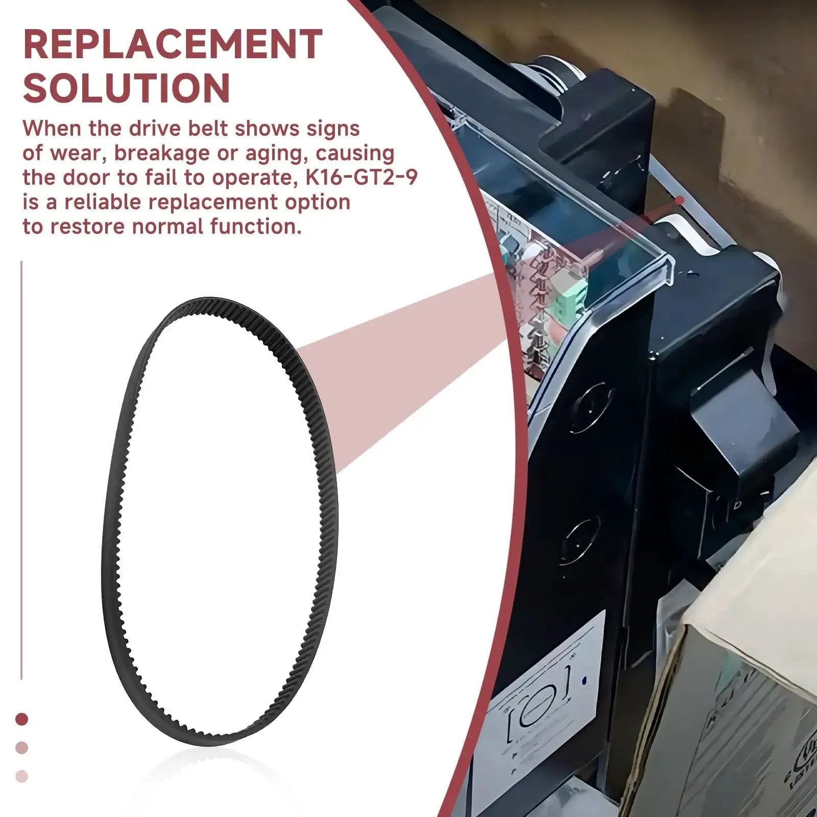 K16-GT2-9 Drive Belt Replacement For LiftMaster RSL12U And RSL12UL shown next to a sliding door operator, highlighting installation