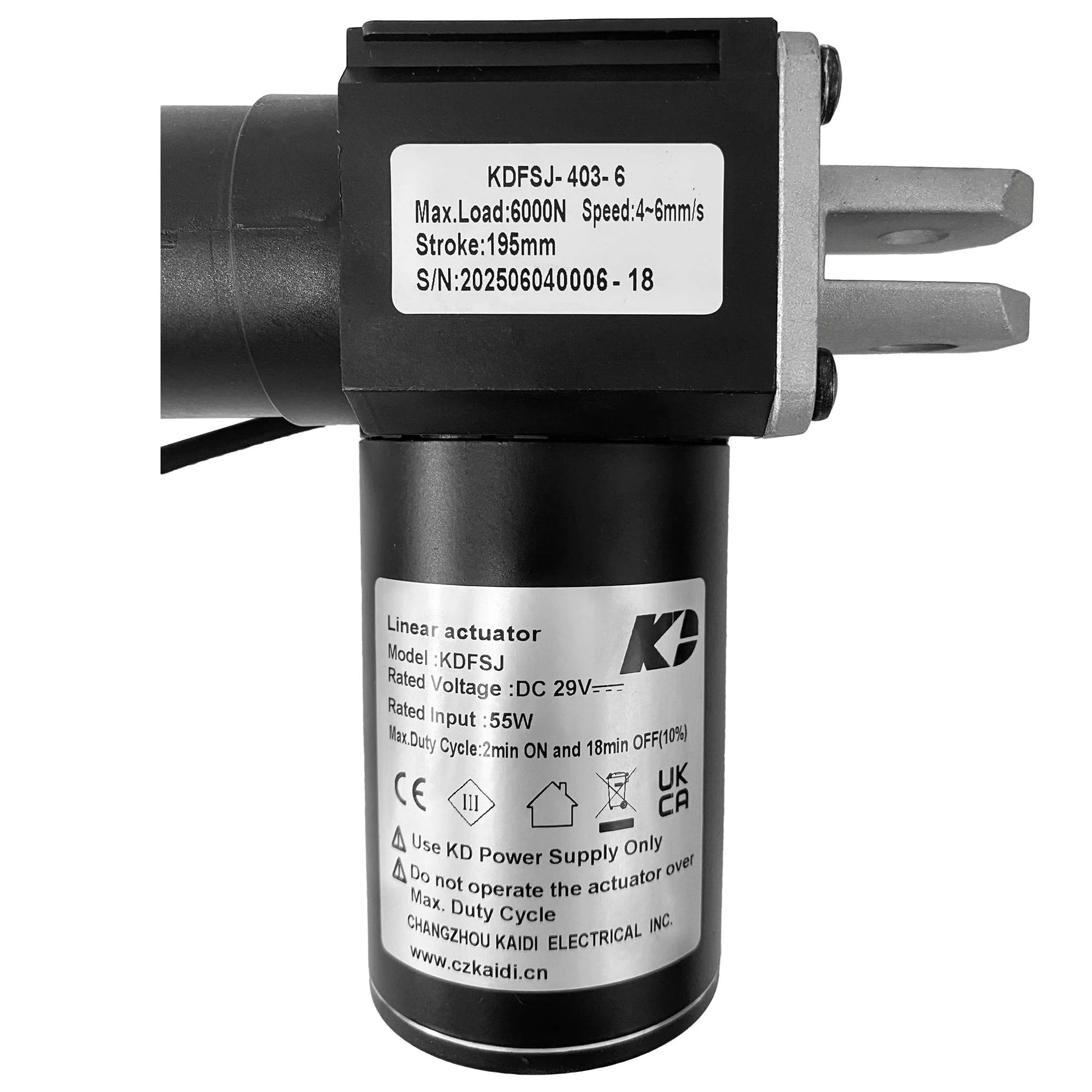 Power Recliner Lift Chair Linear Actuator Replacement For Kaidi KDFSJ 403 6 Motor OEM Kaidi Actuator With 195mm Stroke side view showing model details and connections.