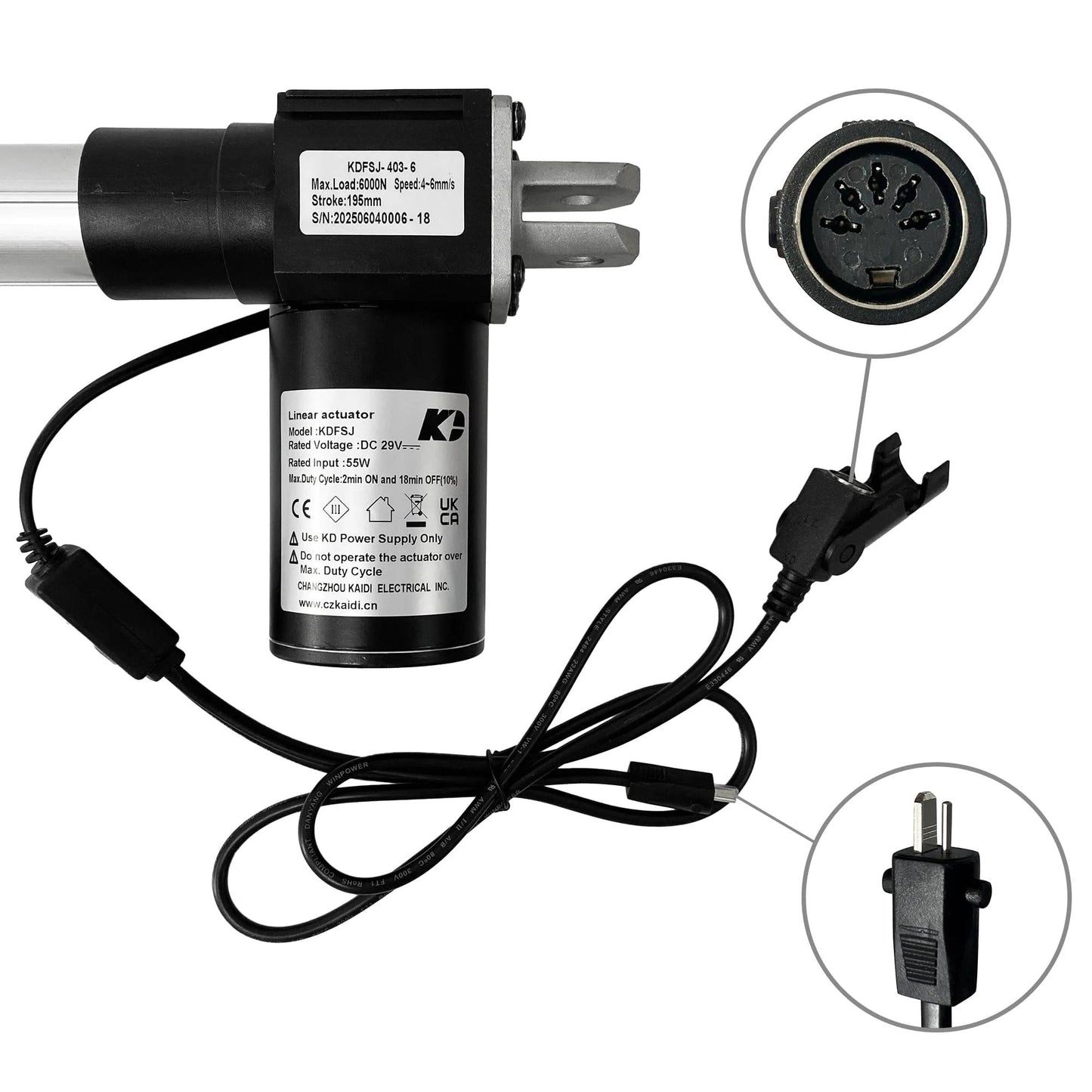 Power Recliner Lift Chair Linear Actuator Replacement For Kaidi KDFSJ 403 6 Motor OEM Kaidi Actuator with connectors and wiring.