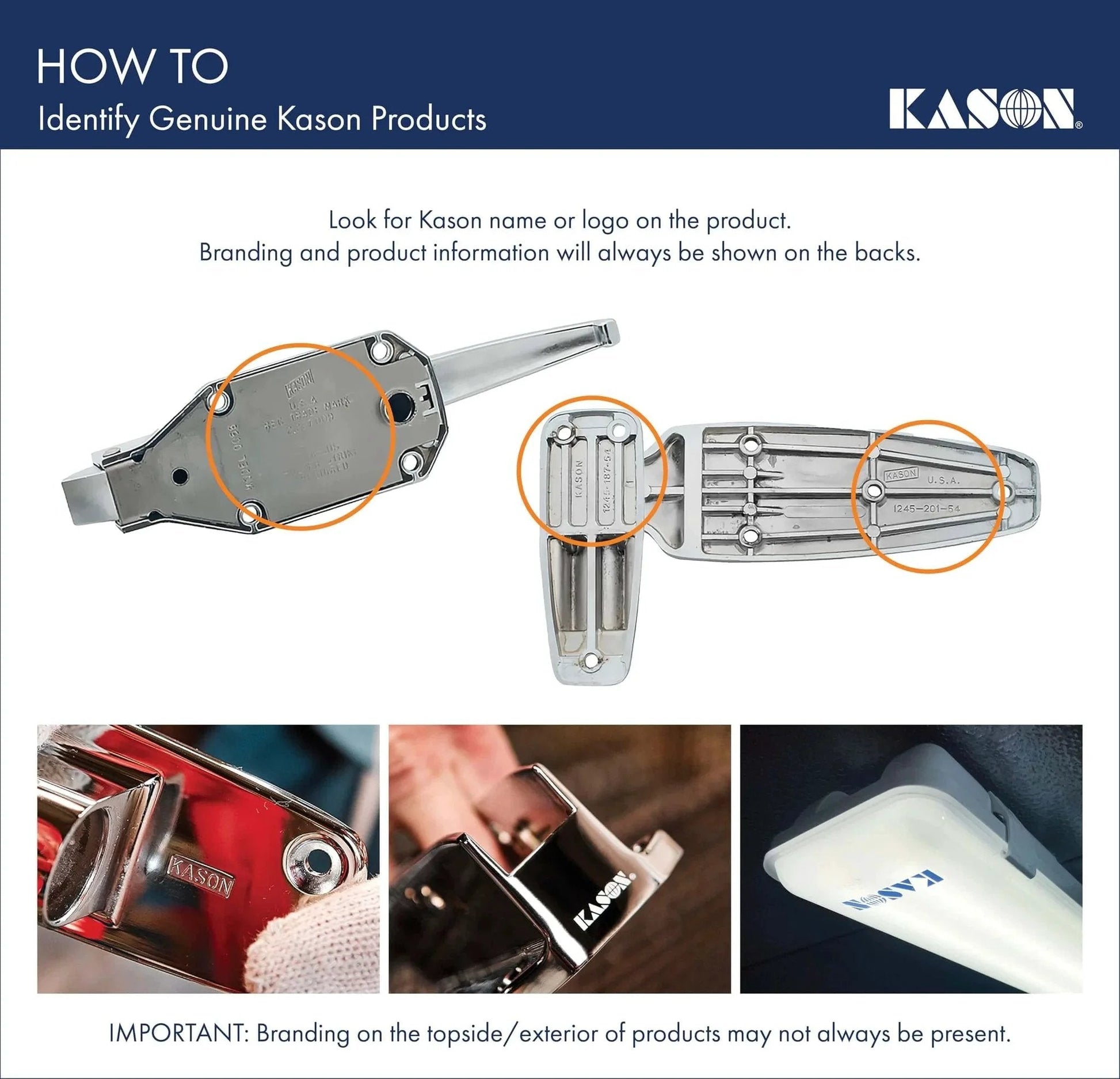 Diagram showing how to identify genuine Kason products with branding on door hardware, including close-up views of logos and markings.