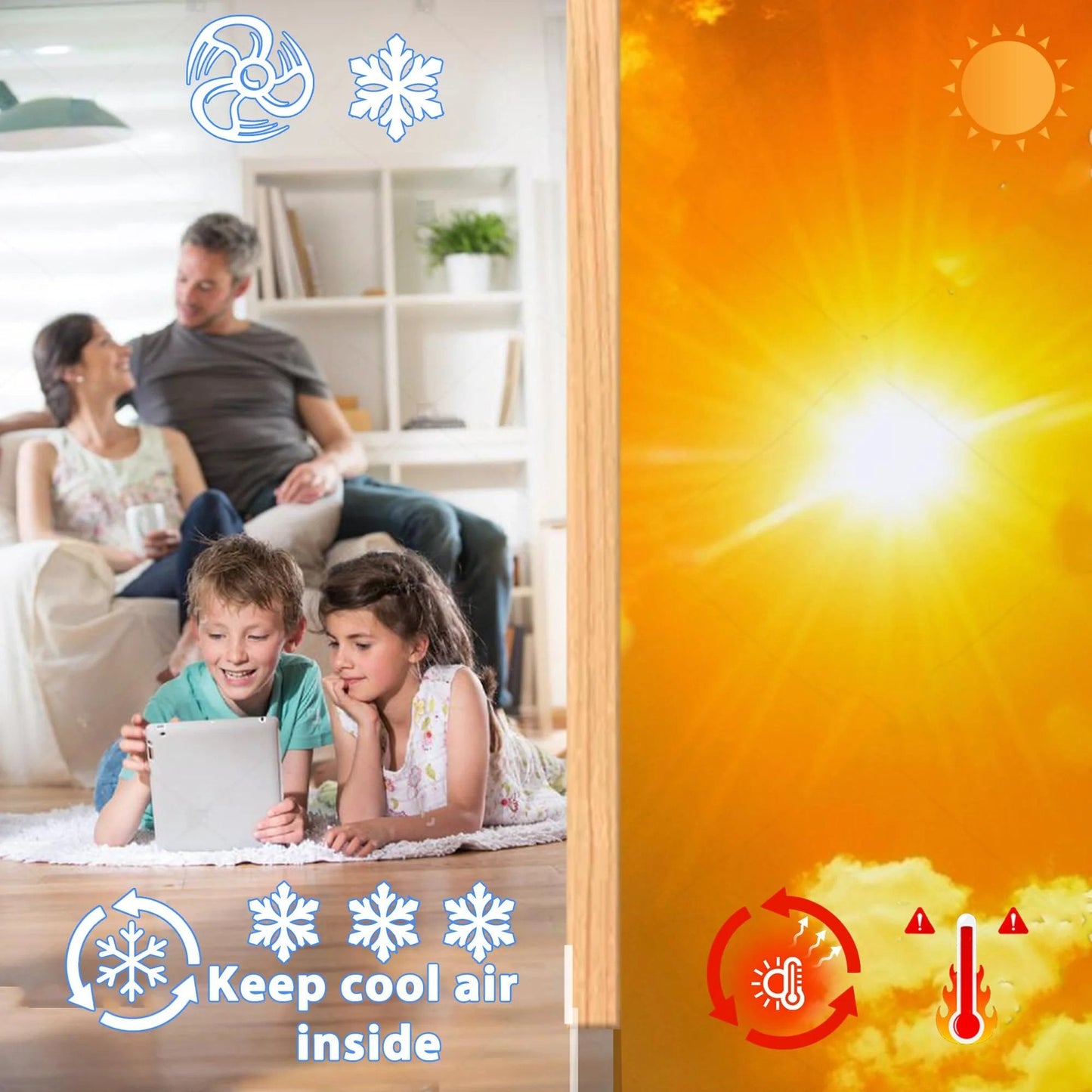 Clear Silicone Door Weather Stripping Seal Tape Set, 3 Rolls Total 49 Ft, 35mm Wide Draft Stopper for Doors and Windows, Transparent Insulation Seal Strip, Easy Peel and Stick Under Door Bottom, Blocks Drafts and Keeps Heat In with family enjoying a cool indoor environment.
