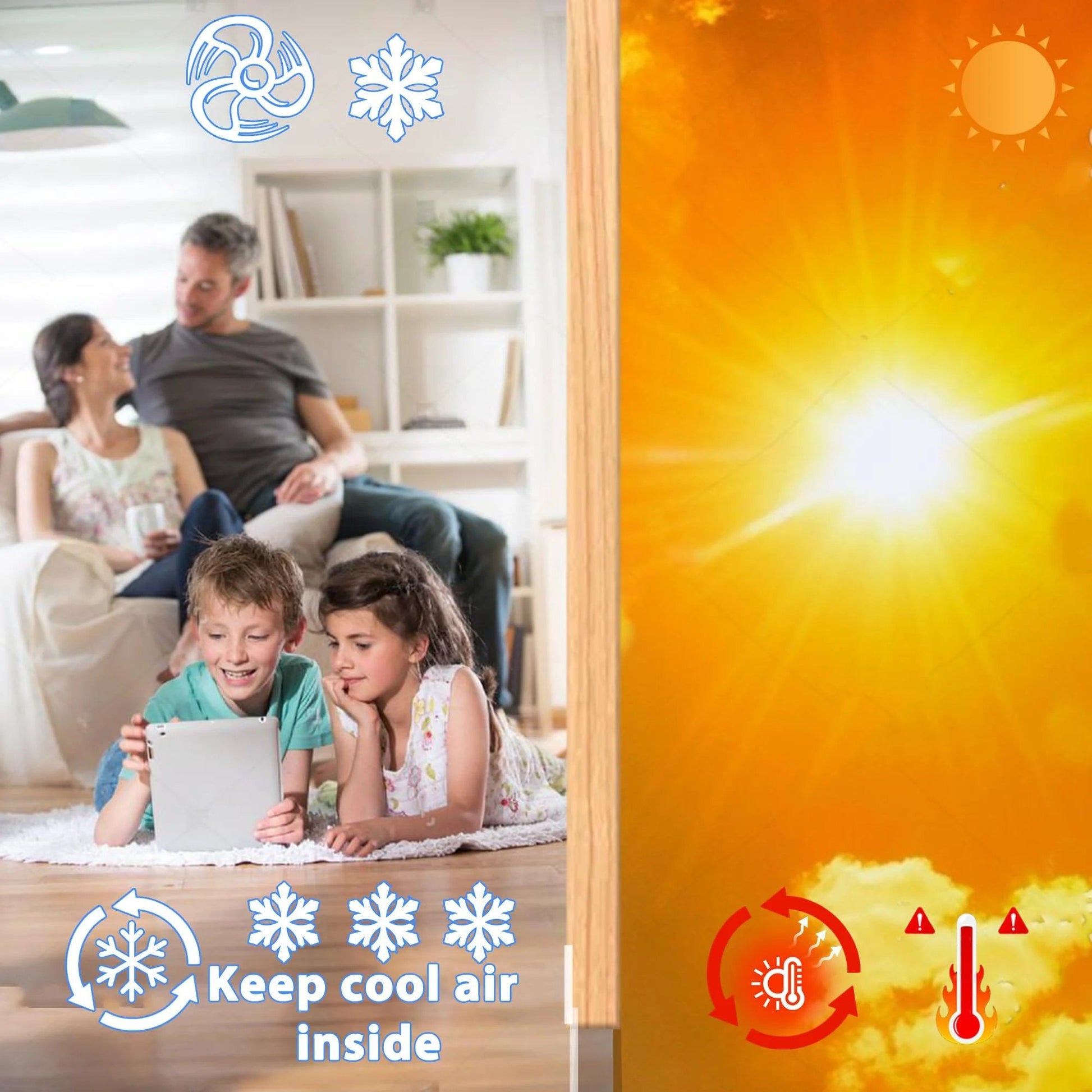 Clear Silicone Door Weather Stripping Seal Tape Set, 3 Rolls Total 49 Ft, 35mm Wide Draft Stopper for Doors and Windows, Transparent Insulation Seal Strip, Easy Peel and Stick Under Door Bottom, Blocks Drafts and Keeps Heat In with family enjoying a cool indoor environment.