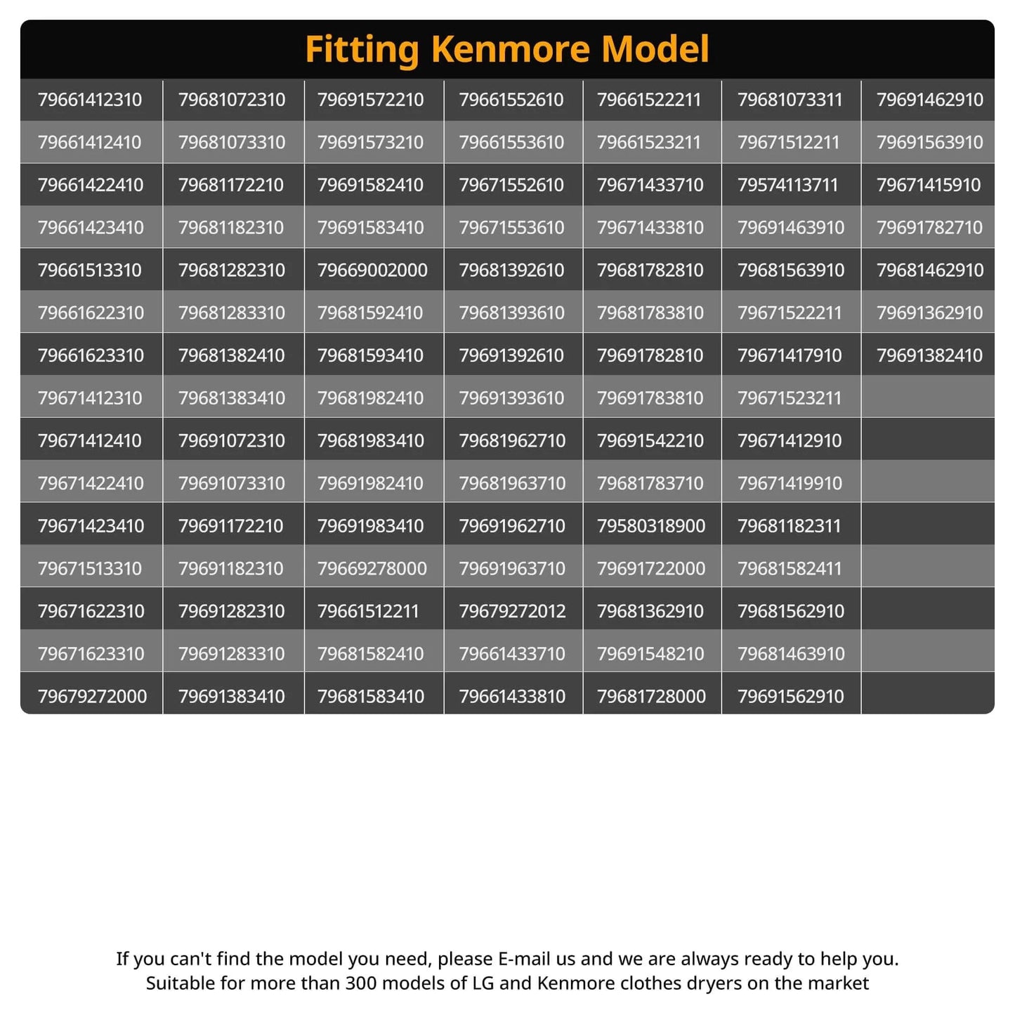 Compatibility chart for Dryer Roller Repair Kit For LG Kenmore Dryers 4581EL2002C, showing model numbers.