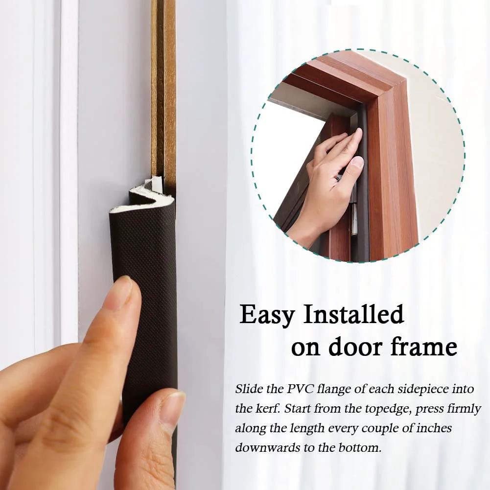 Close-up view of Kerf Door Weather Stripping Seal 26 Ft Foam Weatherstrip with slot card installation on a door frame.
