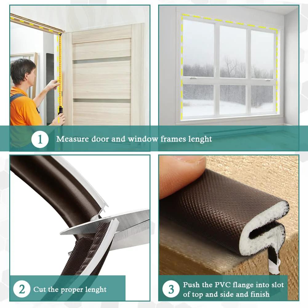 Instructions for installing Kerf Door Weather Stripping Seal 26 Ft Foam Weatherstrip With Slot Card Installation in door and window frames.
