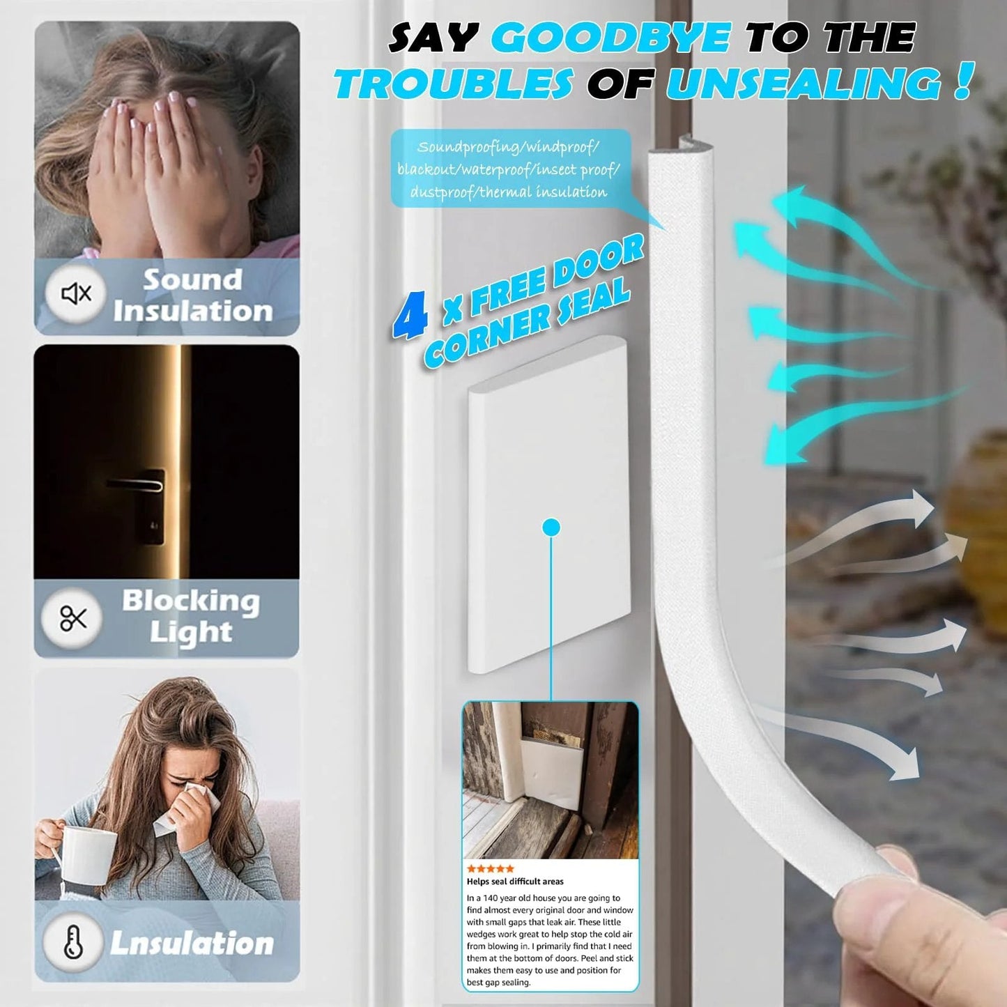 40Ft Kerf Door Weather Stripping Seal For Exterior Doors With 4 Corner Seals, demonstrating installation, sound and light blocking features.