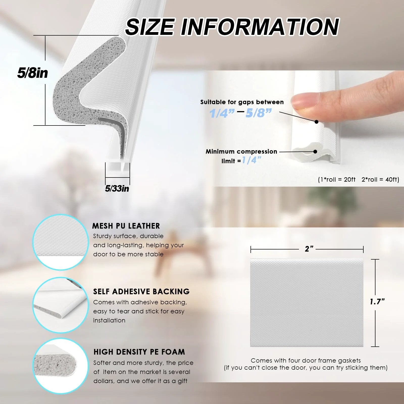 Size information for 40Ft Kerf Door Weather Stripping Seal For Exterior Doors With 4 Corner Seals showing dimensions and materials.