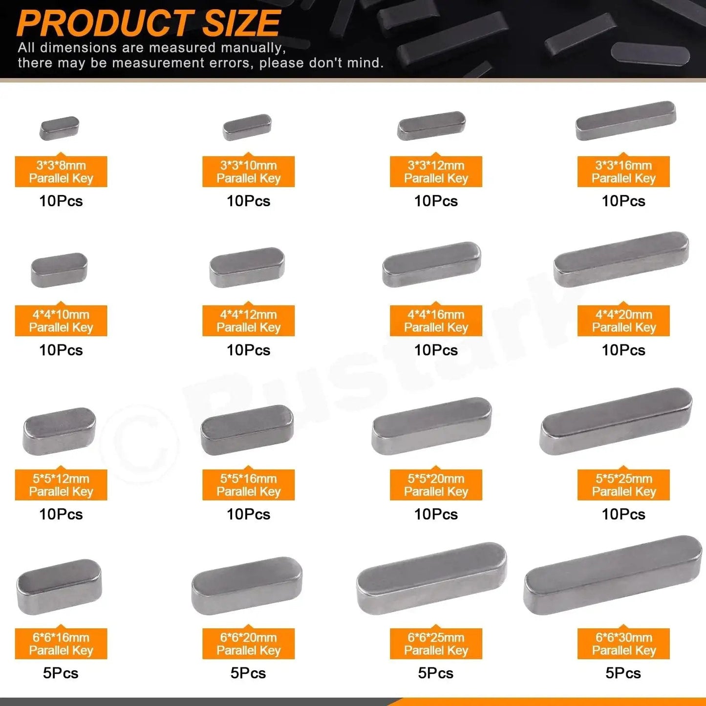 Image showing sizes of keys in Comprehensive Keystock Kit With 140 Pieces In 16 Sizes Featuring Round Ended Feather Keys And Parallel Drive Shaft Keys.
