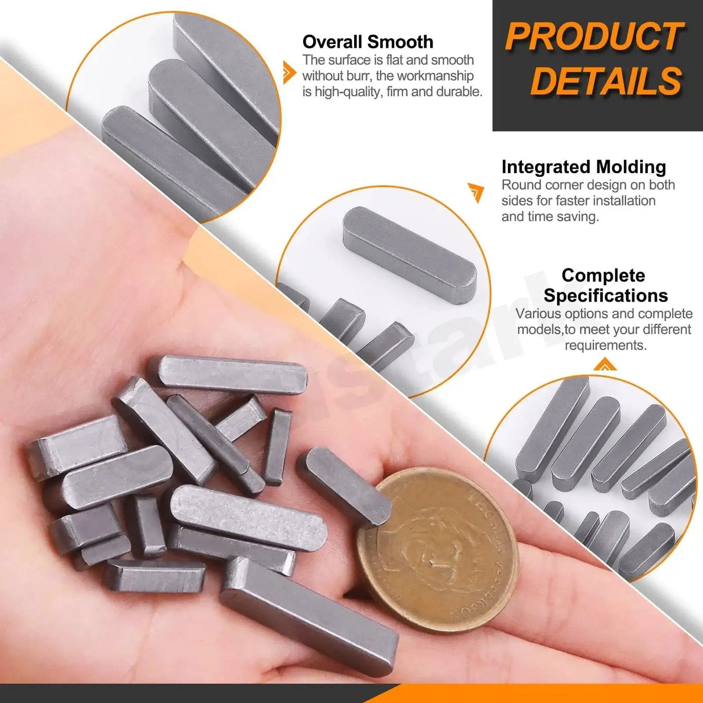 Hand holding feather keys from Comprehensive Keystock Kit With 140 Pieces In 16 Sizes Featuring Round Ended Feather Keys And Parallel Drive Shaft Keys