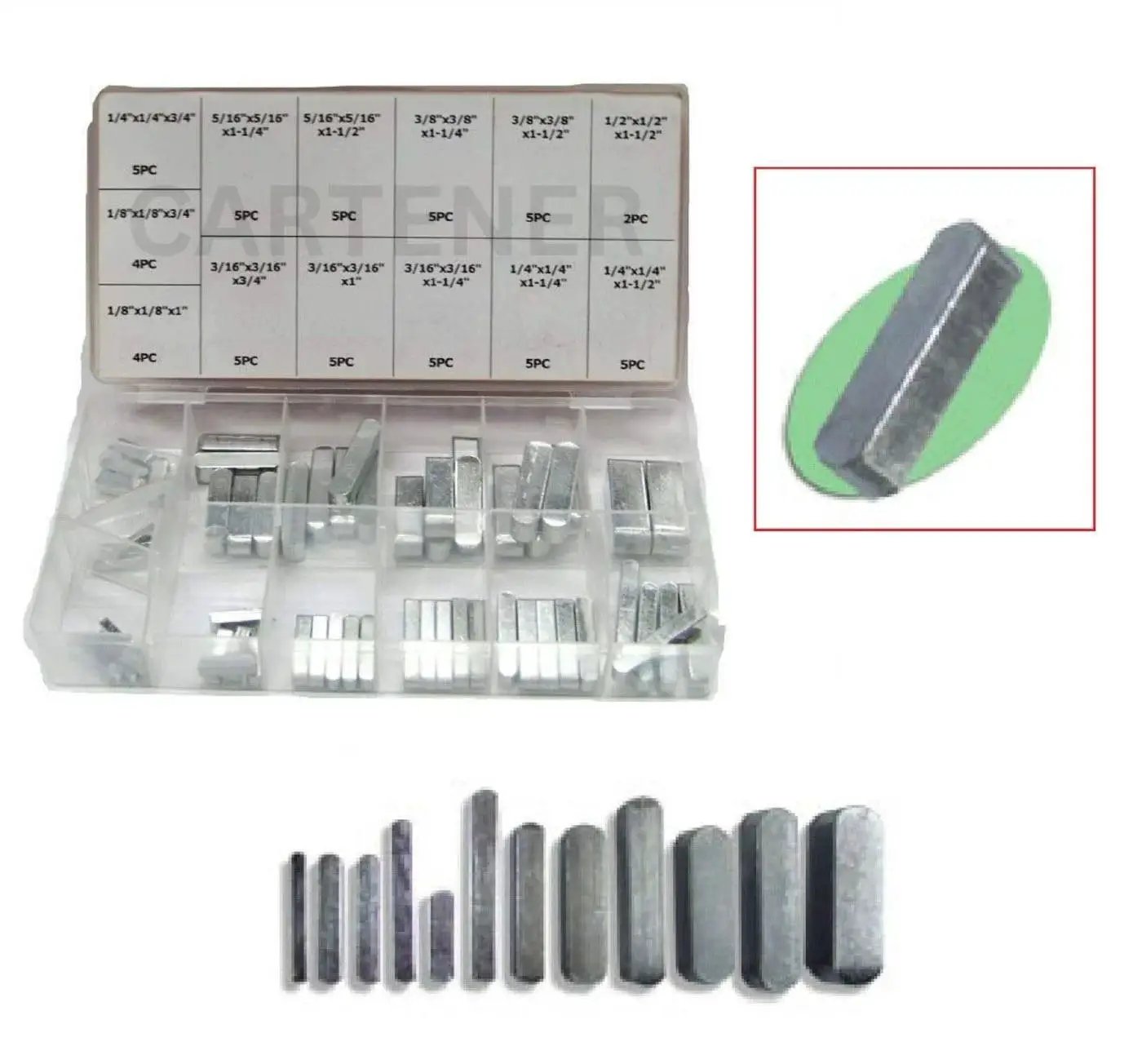 Keyway Key Stock Set 60 Piece SAE Key Stock Assortment For Pulleys Gears And Sprockets To Shafts With Square Keys In A Plastic Box.