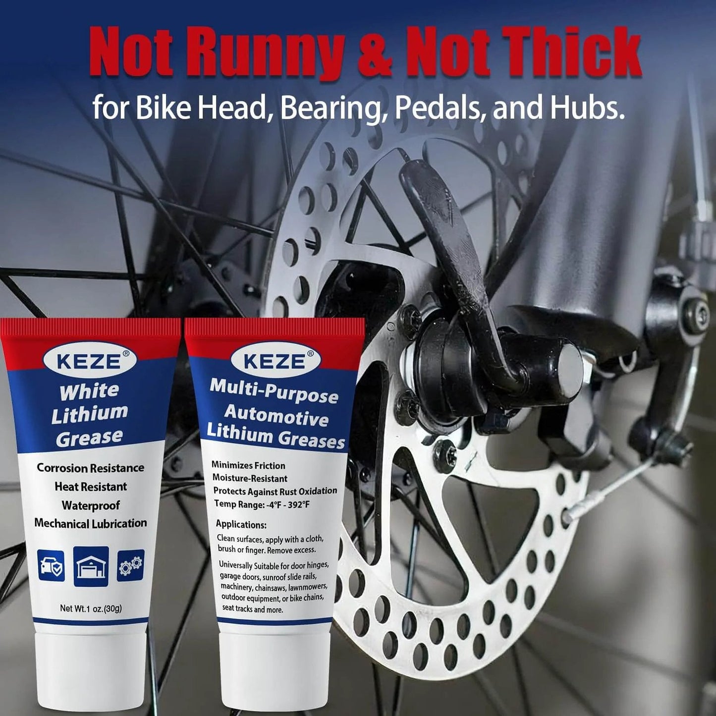 Keze White Lithium Grease Tube Automotive Grasa De Litio Car Door Grease with Brush NLGI 2 shown with bike disc brakes.
