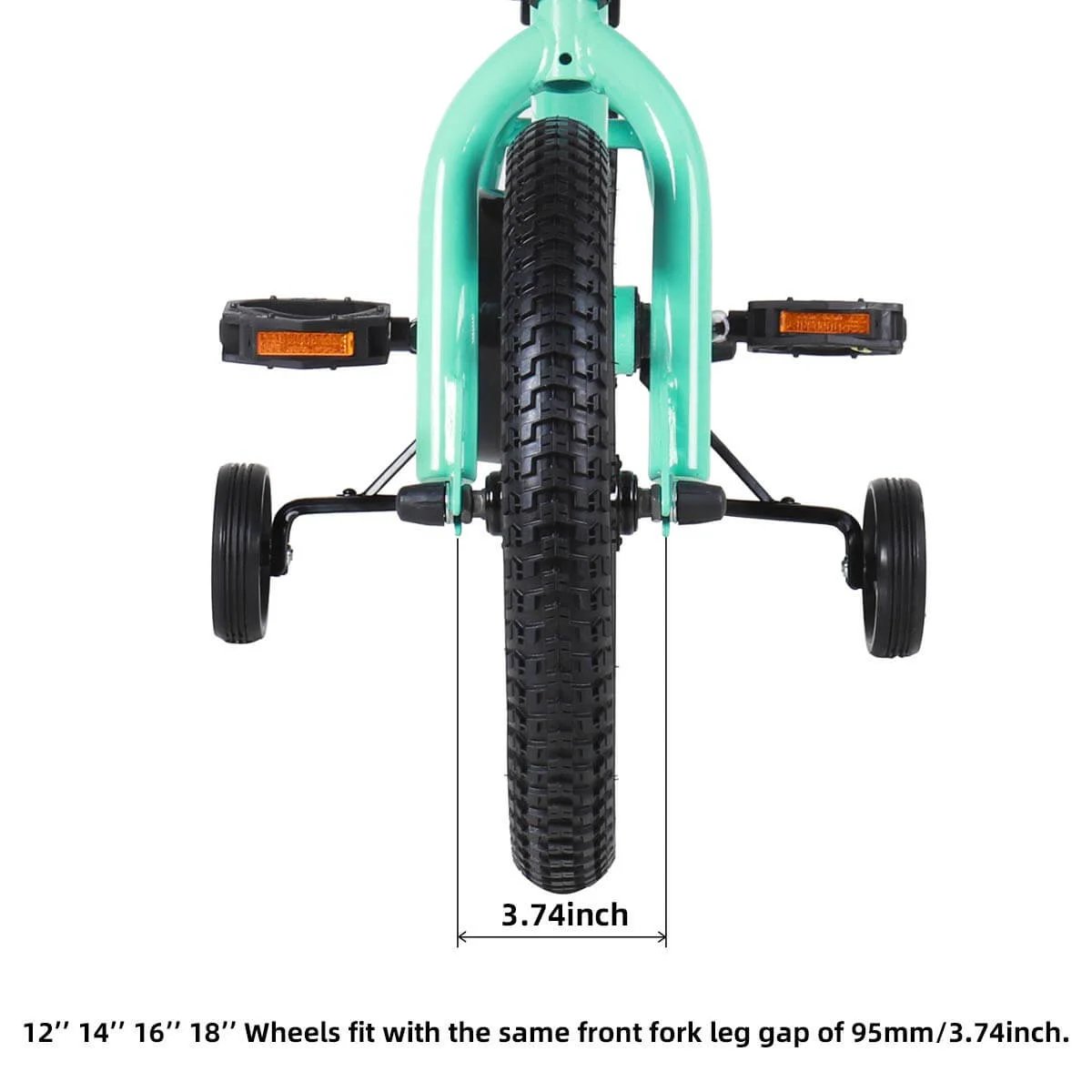 Front view of a kids bike with a 16 Inch Kids Bike Front Wheel Replacement with Air Rubber Tire, Black Steel Rim, Stainless Spokes, 3/8 inch axle.