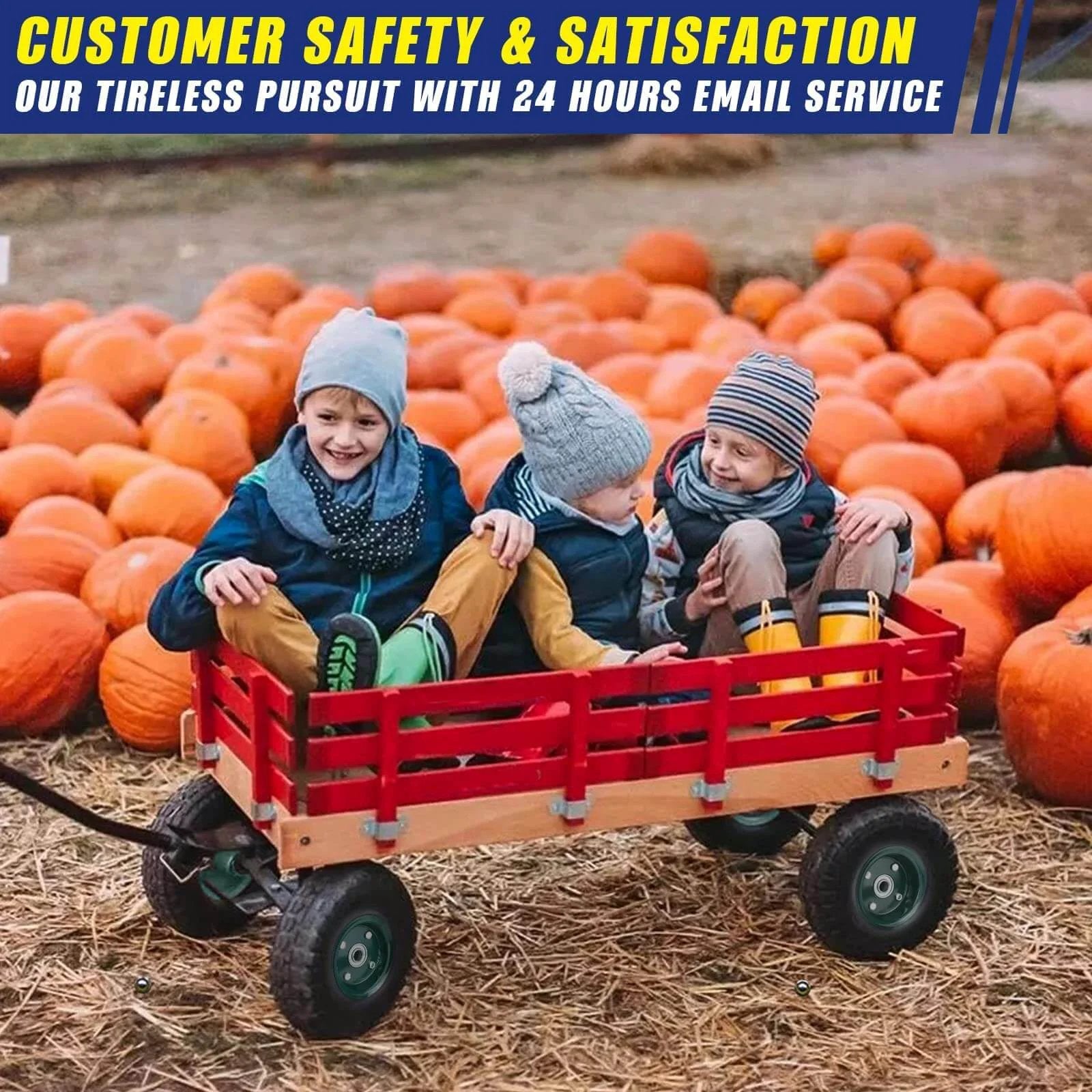 Children sitting in red trolley with 2 pcs 10" flat free tires solid pneumatic tires at pumpkin patch