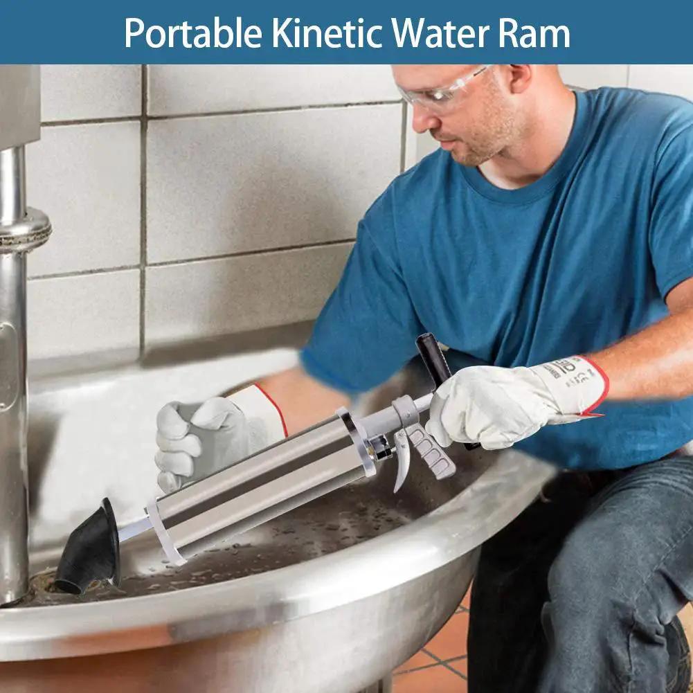 Person using Portable High Pressure Kinetic Toilet Plunger Air Blaster Pump for clogged kitchen sinks and drains.