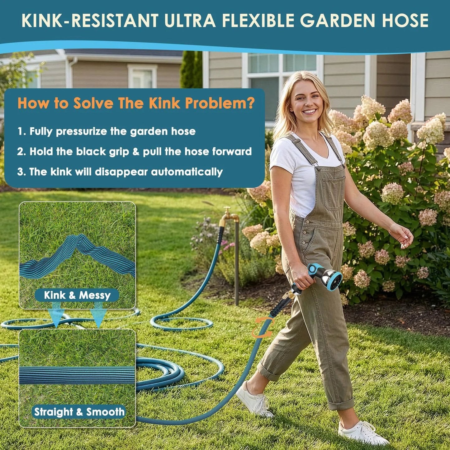 Woman using Ultra Lightweight Garden Hose 150 Ft Non Expandable With 10 Pattern Nozzle And Shut Off Valve Holder Included Leakproof And Kink Resistant Reinforced Fittings For Yard And Outdoor Use FlexiSolve in a garden setting.