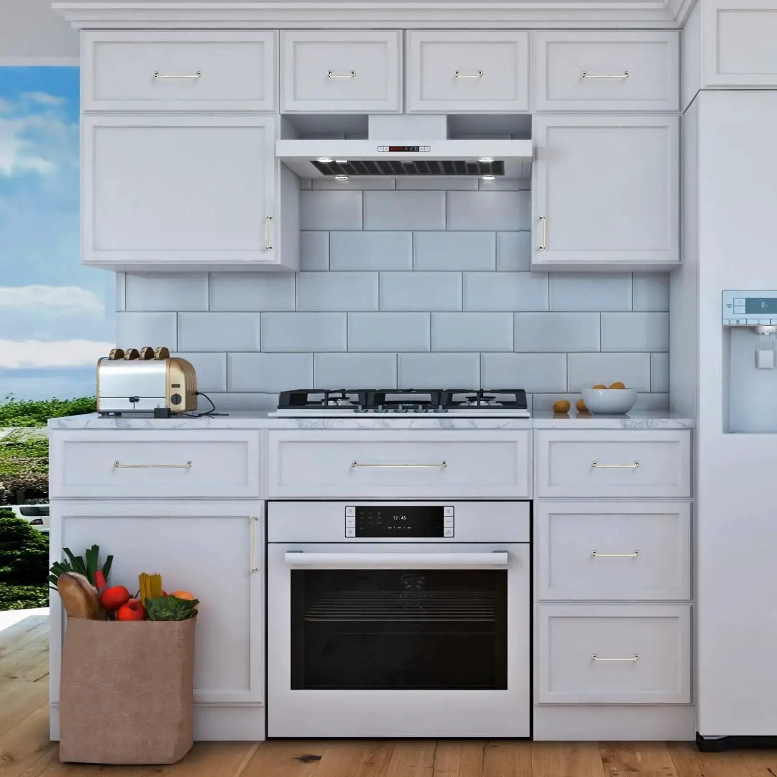 Modern kitchen with Brushed Nickel Cabinet Pulls 3-3/4 Inch Hole Center 20 Pack For Drawers And Cupboards on white cabinets