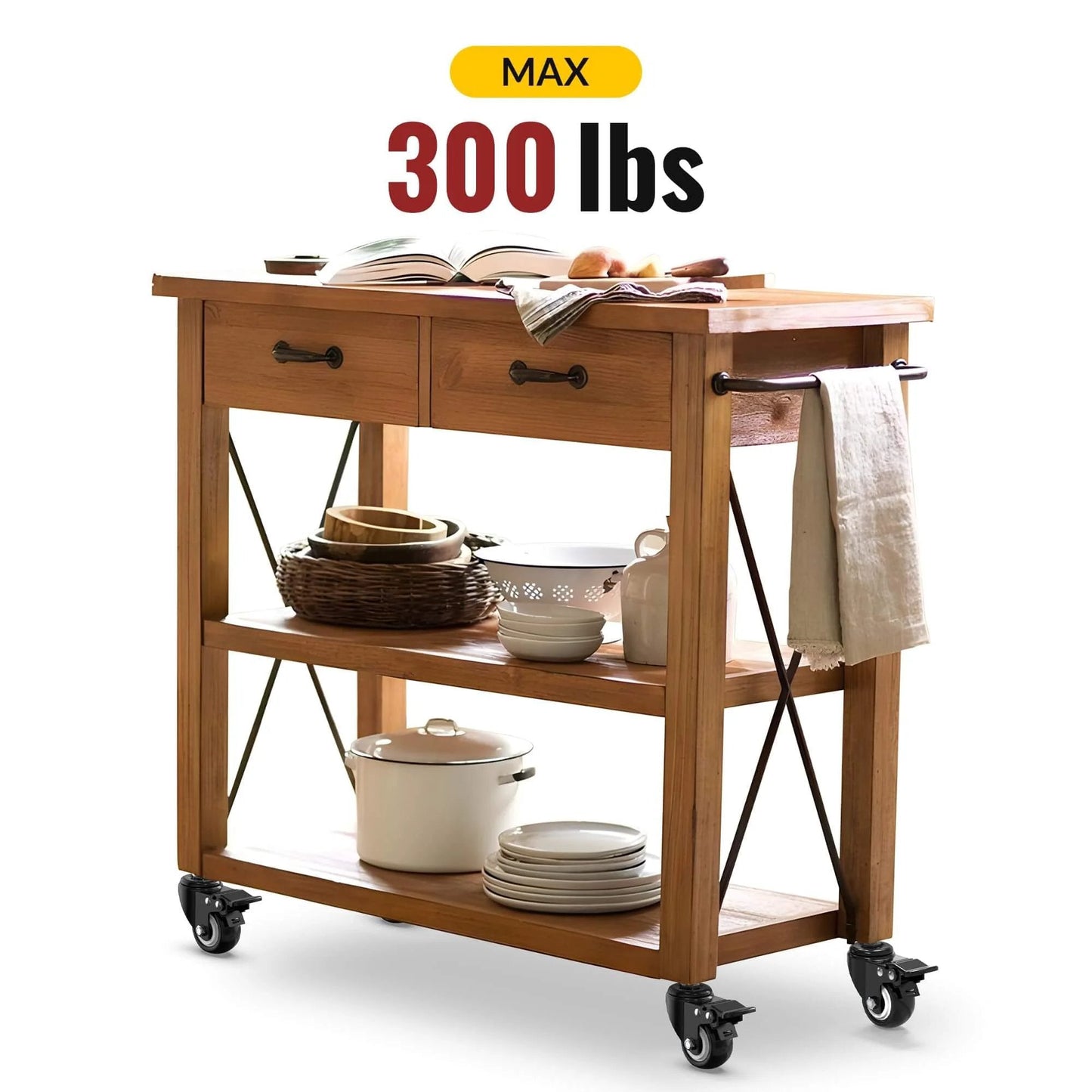 Wooden kitchen cart with 2 Inch Stem Caster Wheels Total Locking Set of 4 supporting up to 300 lbs, showcasing durability and mobility.