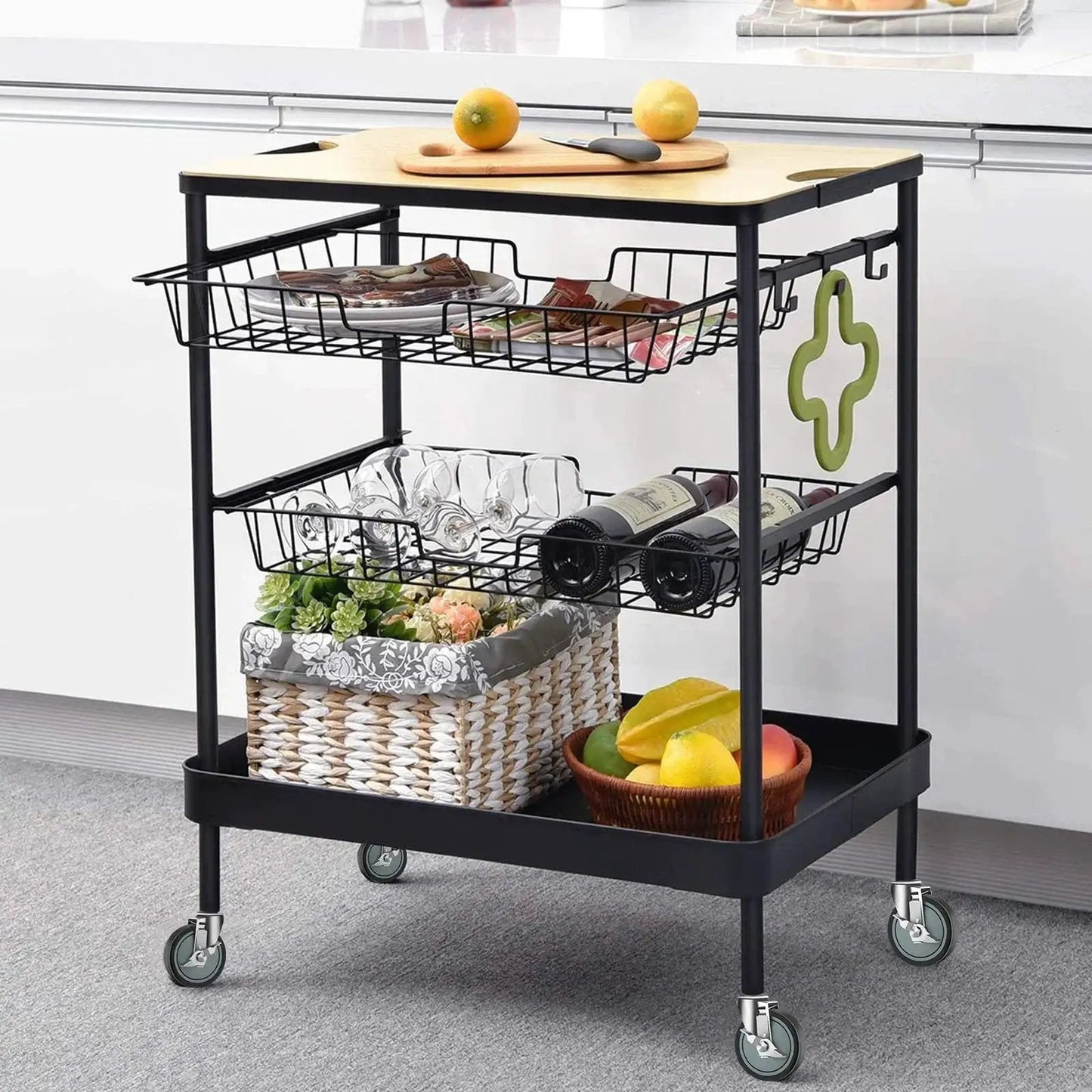Kitchen cart with wire baskets and cutting board on top, standing on 5 Inch Stem Casters For Wire Shelving Heavy Duty Swivel Wheels With Brakes Set Of 4 350 Lb Per Caster And 1400 Lb Total Capacity Thermoplastic Rubber Wheels Easy Installation Scaffold Wheel Replacement.