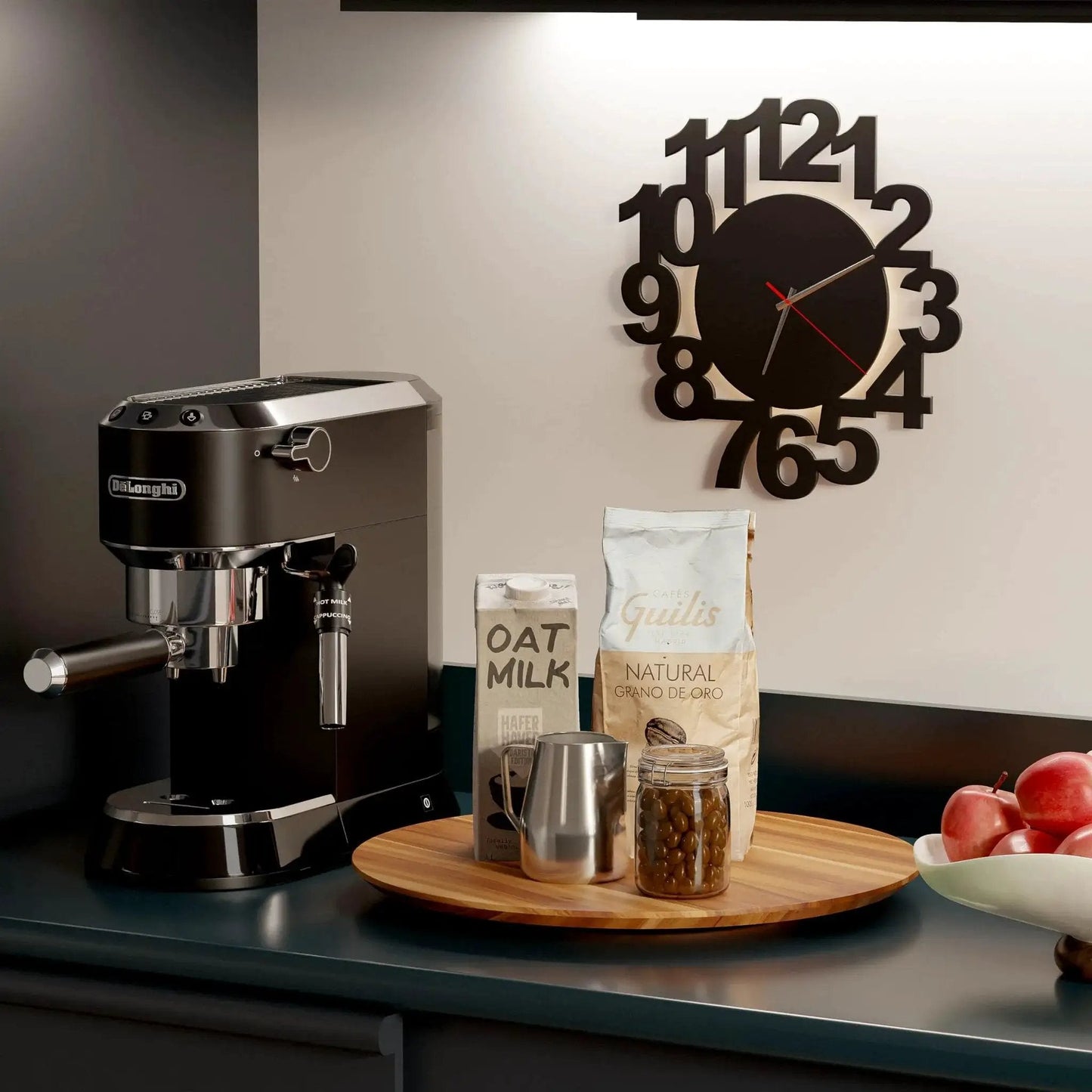Kitchen countertop with black coffee machine and 18 Inch Acacia Wood Lazy Susan For Tabletop And Countertop Use serving tray.