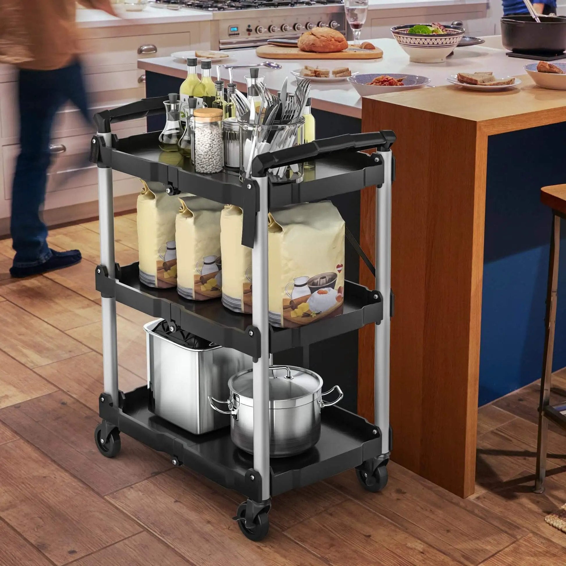 Foldable Utility Cart On Wheels For Home Garage Office Or Restaurant With 3 Tier And 360 Degree Swivel Wheels Brakes On Two No Assembly Required 240 LBS Capacity Collapsible Rolling Cart By YITAHOME in kitchen setting