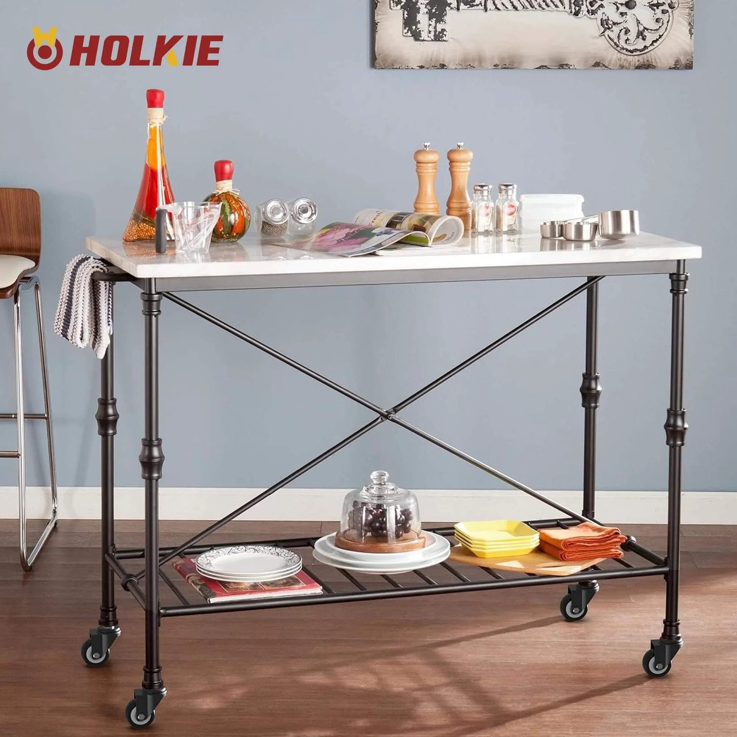 Kitchen cart table with 2 Inch Caster Wheels Set of 4 No Brake Swivel Casters, steel frame and lower shelf, used as serving station