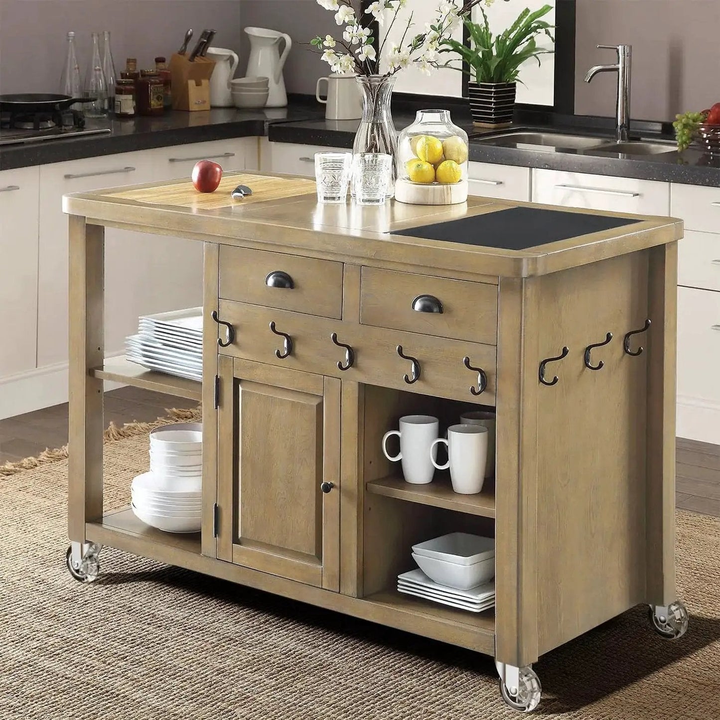 Kitchen island with wooden finish on transparent three inch swivel casters without brakes for furniture, showing kitchenware and decor items.